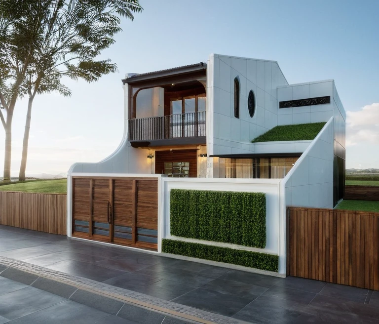 exterior house, contemporary style, white wall, wood wall, wood door, glass window, (realistic:1.2), Masterpiece, high quality, best quality, authentic, super detail, outdoors,road,pavement, grass, trees, sky, cloud, (daylight:1.1)