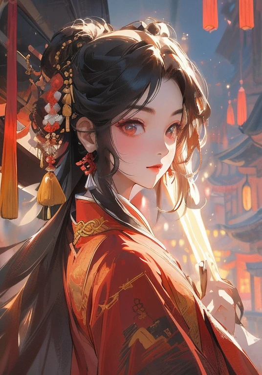 ，masterpiece，best quality，
1. Traditional Beauty，solo，Hanfu，Chinese，Luminescence，long black hair，Ancient buildings，8k high quality detailed art Chinese clothing, wearing chinese clothes,，Guochao style，Beautiful face and eyes detailed 8K