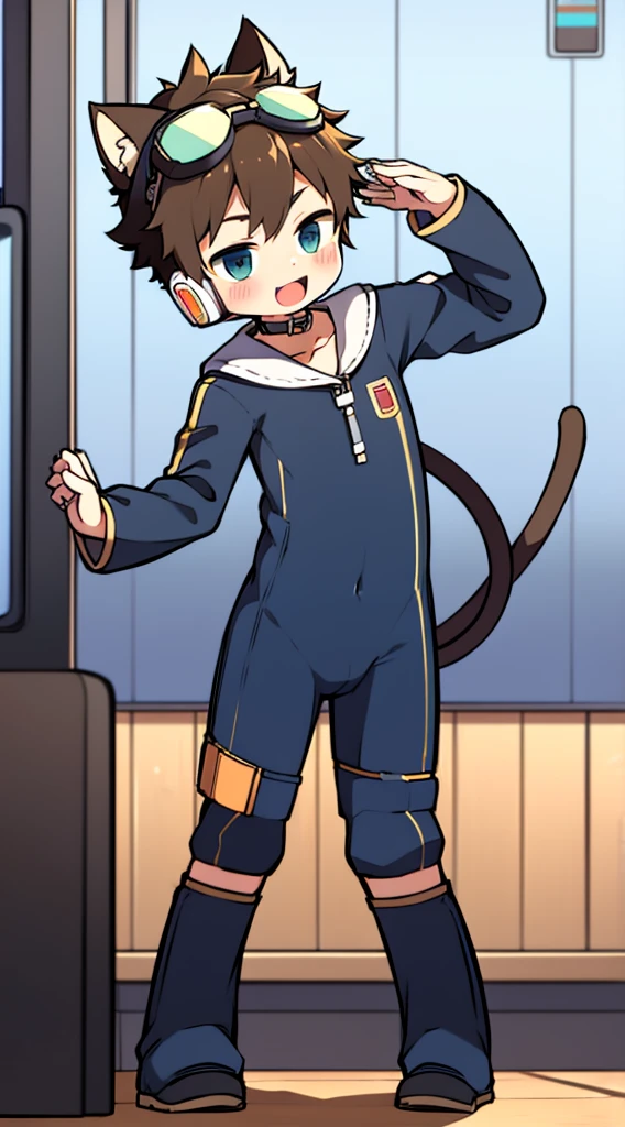 2D Boy Shota,One-piece mountaineering suit,Slim, healthy body,Put the headphones on your head,stand up,goggles,Cat ear,happy,Sailor collar,Lovely,Love,Short sleeve