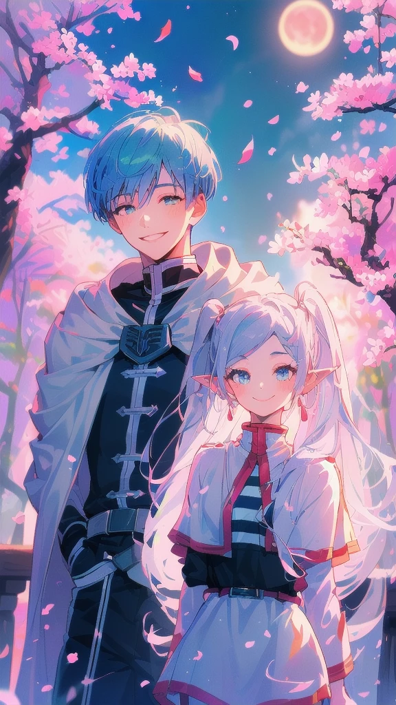 masterpiece, best quality, highres, 1girl frieren, white capelet striped shirt dress, 1boy himmel, (cherry blossoms, cherry blossom, midnight, moon:1.1), (boy is smile:1.4),(boy looking at girl:1.3),(girl looking away:1.3), (girl is expressionless:1.2)
