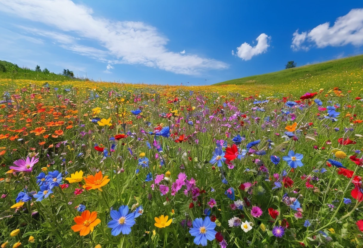 There are many different colored flowers blooming in the fields., Blue sky in the background、A big flower in front、Wildflowers, Meadow flowers, Wildflowers, Flower meadow,