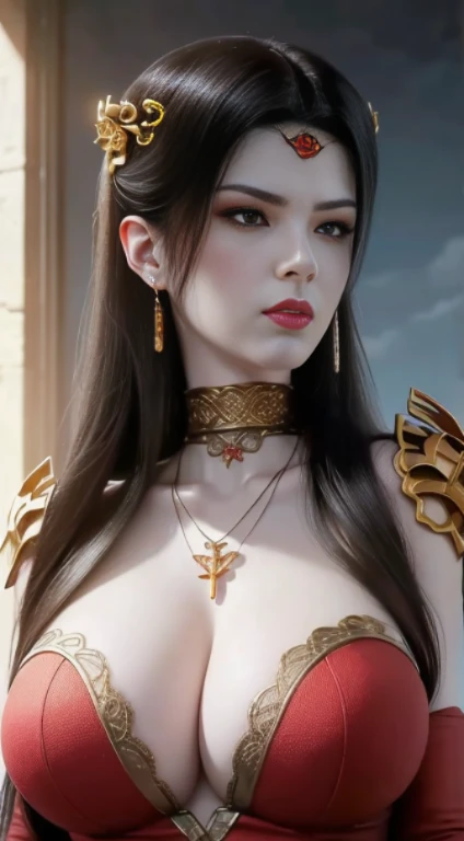 Hyper-realistic 8K CG, Flawless, 乾淨of, masterpiece, Professional artwork, Famous Artworks, Movie Lighting, movie bloom, Perfect face, 漂亮of脸蛋, fantasy, Like a dream, Unreal Engine 5, Science fiction, Lace, Lace trim, Lace-trimmed legwear, luxurious, jewelry, diamond, Kaneko, pearl, gem, 蓝gem, 红gem, emerald, 复杂of细节, 精緻of圖案, charming, 诱人of, 诱人of, of, enchanting, ponytail, Hair accessories, neckLace, earrings, bracelet, armband, autumn.
((,1 Girl, View,最好of质量,)) ,((((,1 Girl, 独自of, (下垂of乳房、Cleavage, cleveage、Thick thighs)), Perfect body, , All red armor, Socks, whole body, Looking at the audience, permanent))))