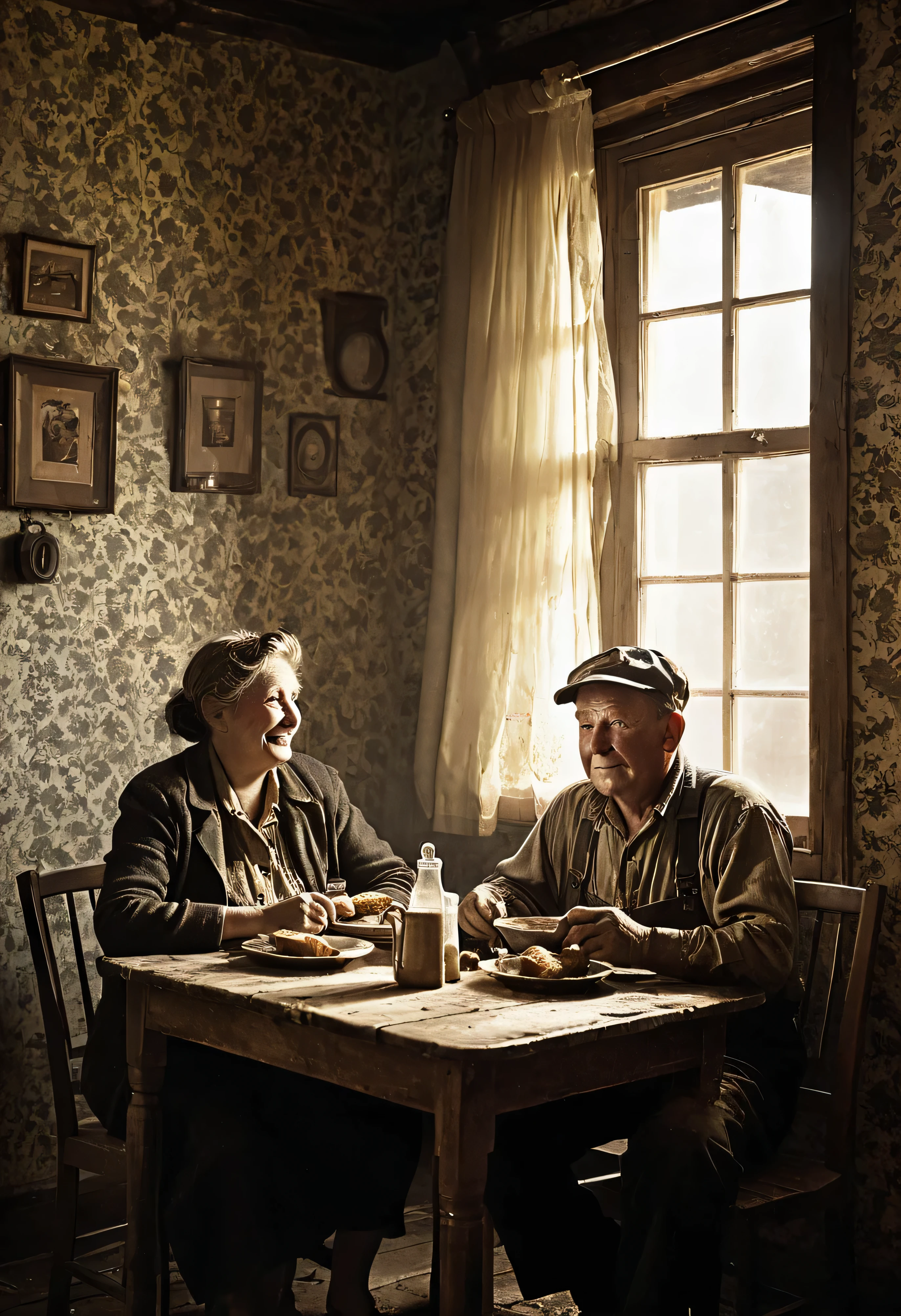 (((A miner at his evening meal with his wife))), ((( Worker class Laborer old and dirty outfit))) (((A small dining room with clothes hanging and torn wallpaper, old and faded.))) ((( Photorealistic in 1937),((Masterpeace photography))) , ((hard working man)), ((Miner appears so hungry and happy with the meal his wife cooked)) ((He did not wash up first.)) ((dust and dert on his face)), Professional lighting,Professional documentary photographer,Window lighting,Rimlight,warm and safe,happy time