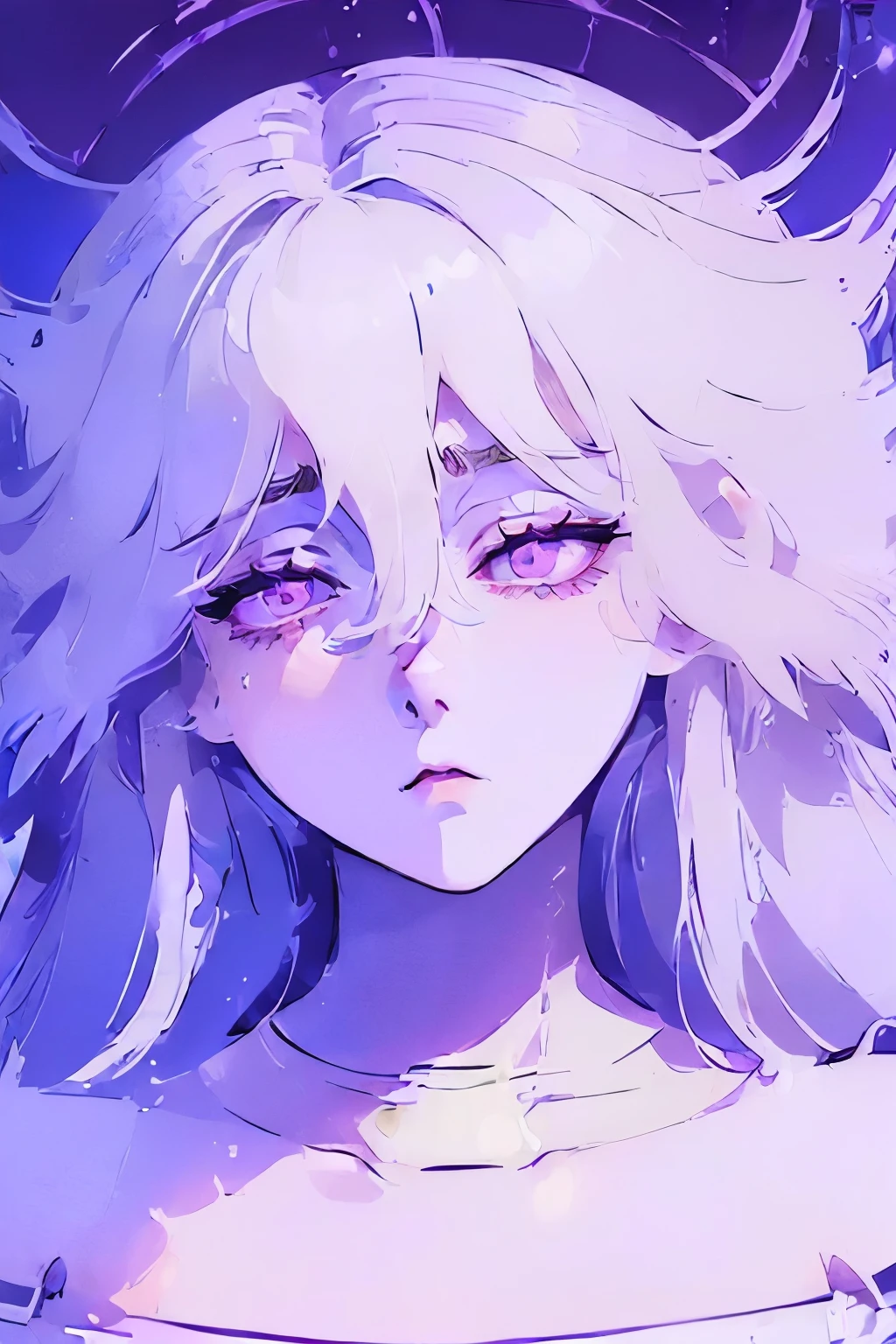 ((detailed:2)), ((beautiful:2)) a picture of an emotionless woman with strong, glowing purple eyes and short white hair, pale skin and a young appearance, wearing a white dress ((empty expression:1.5)), ((empty eyes:1.5))