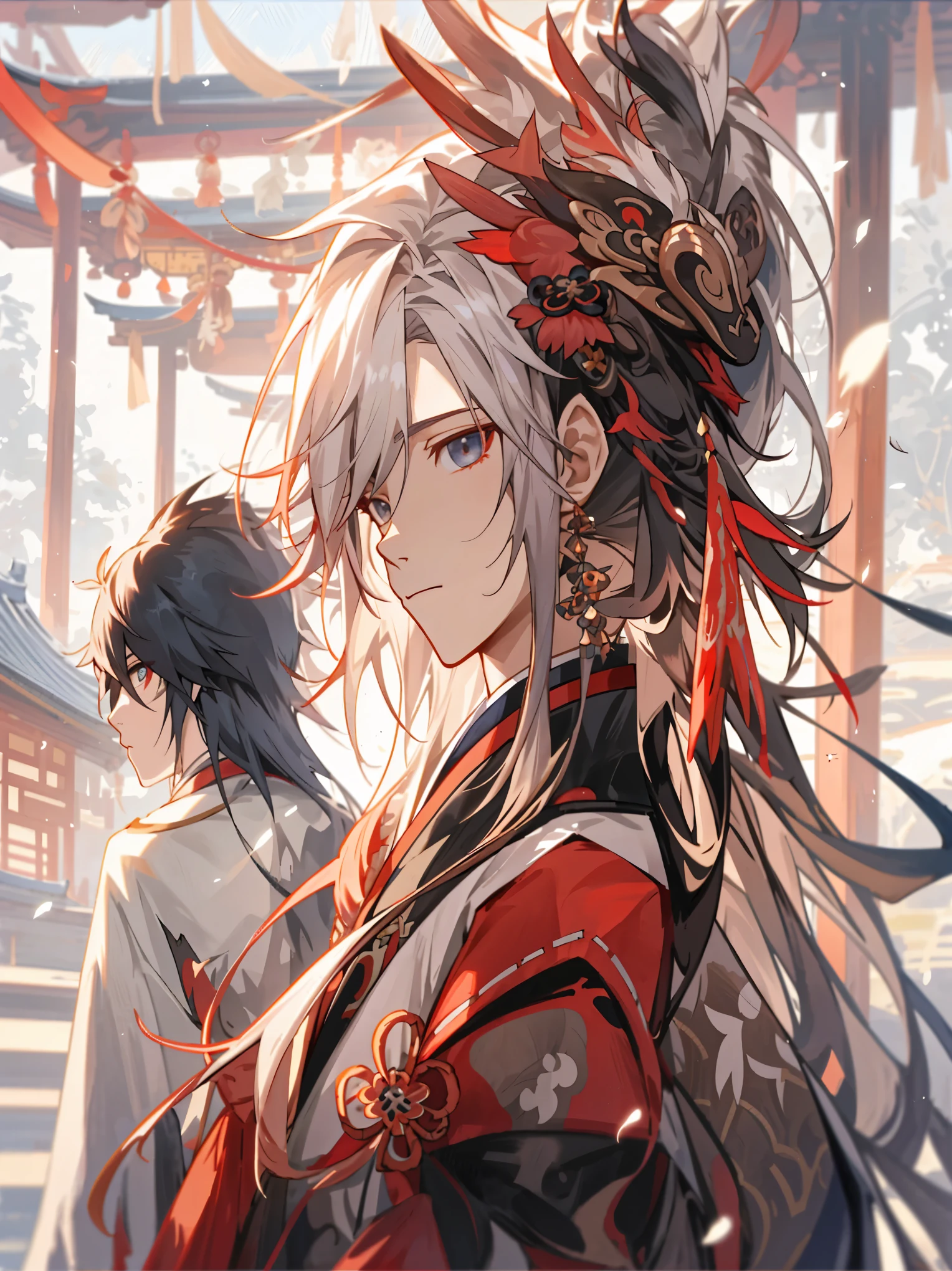 Anime girl with long hair and red skirt standing in front of the building, keqing from Genshin Impact impact, zhongli from Genshin Impact impact, White-haired deity, Onmyoji portrait, Popular on artstation pixiv, Detailed digital anime art, author：Yang Jie, Genshin Impact, Handsome Japanese demon boy, Onmyoji, Onmyoji detailed art