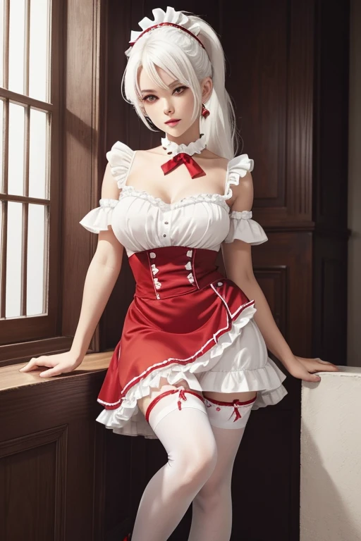 Woman, gorgeous, sexy, white hair, red eyes, two ponytails, red maid-like dress, black and white little details, ruffled skirt, seductive look, seductive pose, white stockings up to the middle of the thighs, red shoes
