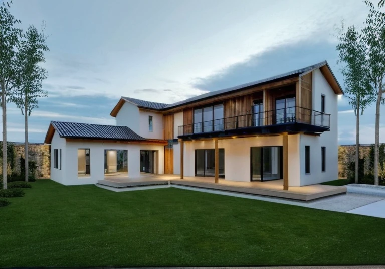 exterior house, contemporary style, white wall, wood wall, wood door, glass window, (realistic:1.2), Masterpiece, high quality, best quality, authentic, super detail, outdoors,road,pavement, grass, trees, sky, cloud, (daylight:1.1)
