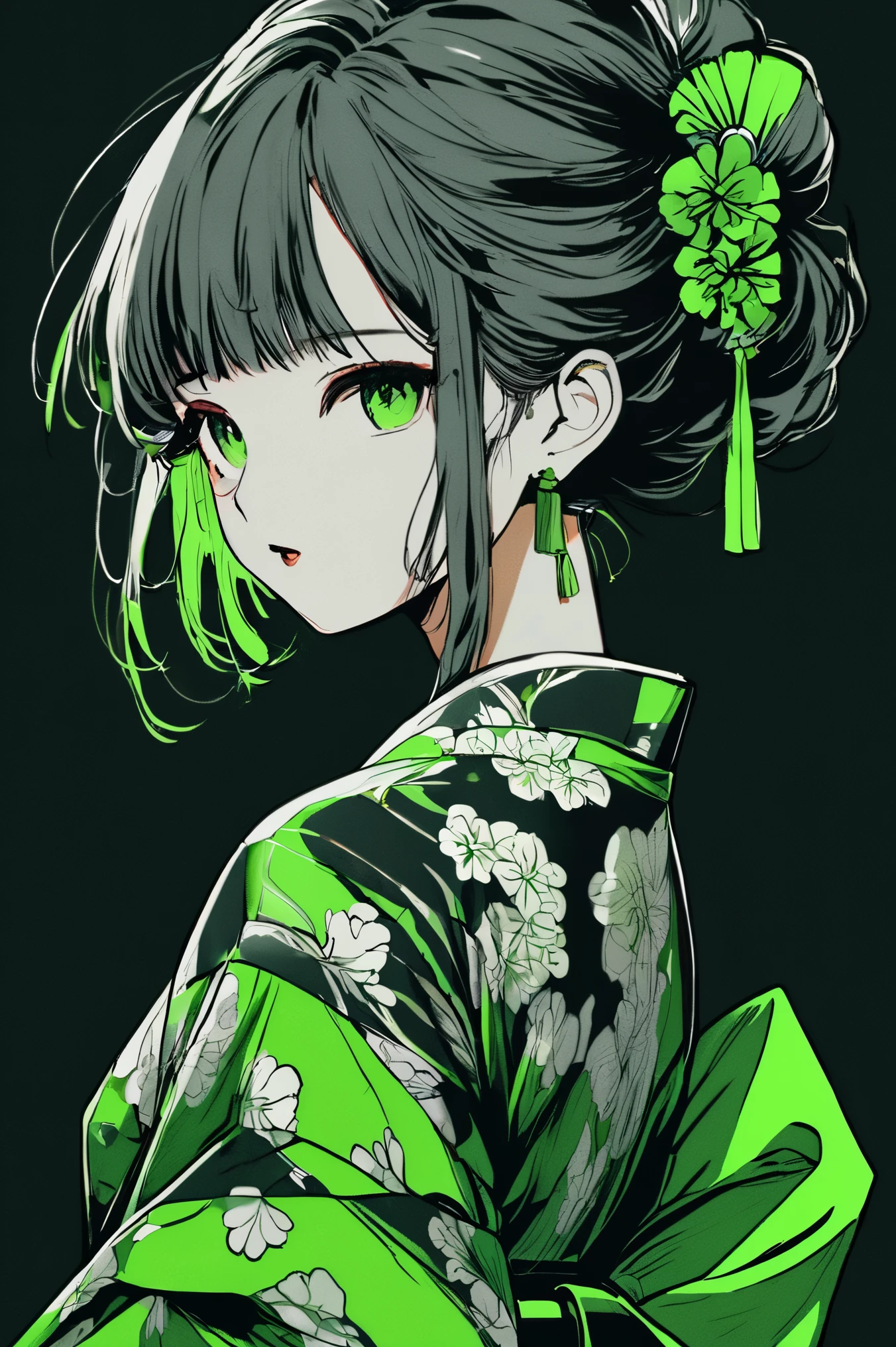 (highest quality, sketch:1.2), High resolution:0.75, Illustrator,anime, 1 girl, detailed lips, yukata、green dress,custom, (Dark monochrome background),neon hair,Texture Cropping, masterpiece, style, Retro Classic, Dark Black, Art Station, sketch book, short hair [green:1.75] [neon:1.32], (Dark monochrome background:2.1), epic realistic, detailed