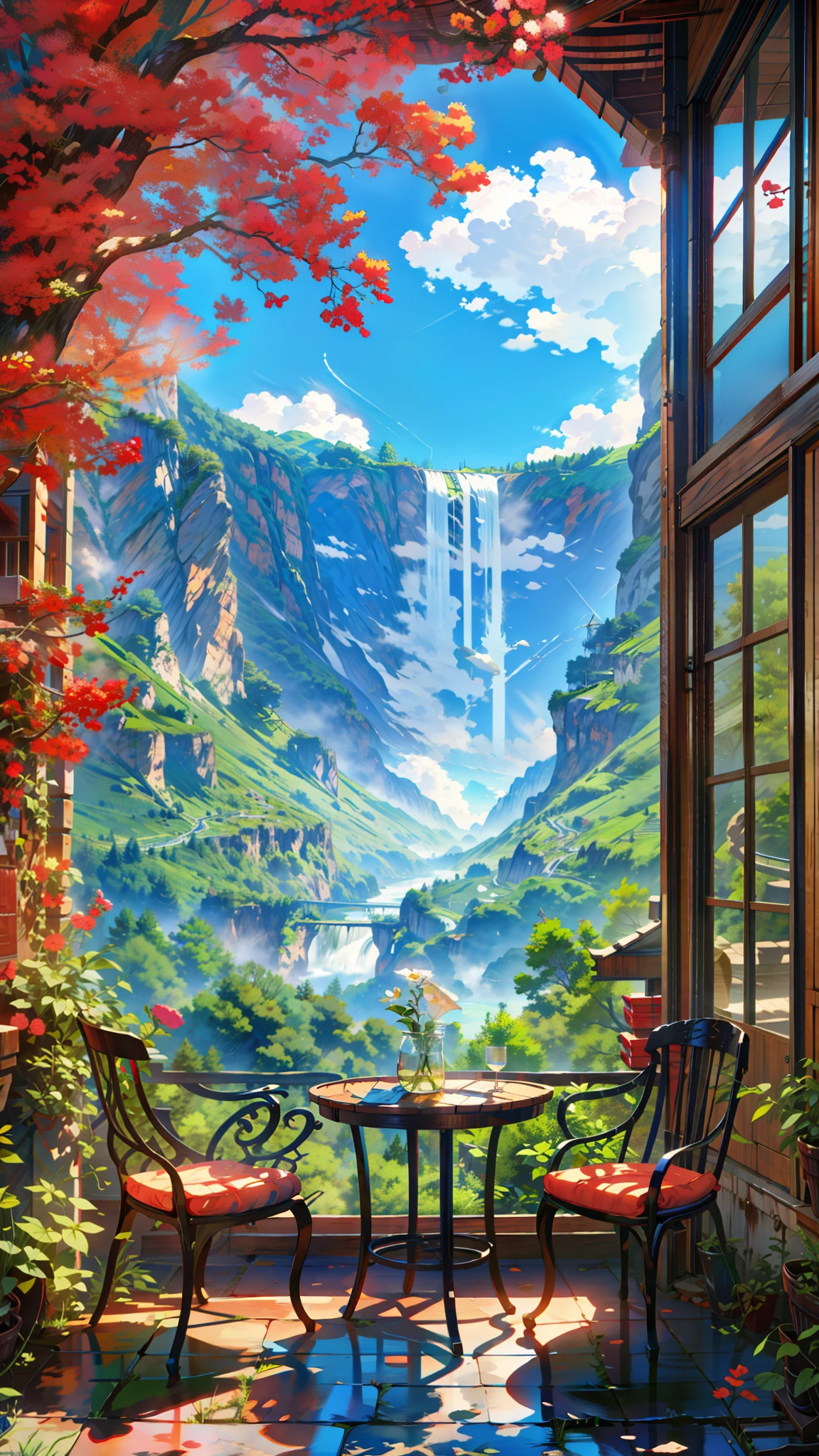 scenery, no_humans, plant, waterfall, sky, tree, chairs, cloud, day, water, table, blue_sky, flower, outdoors, window, mountain,  4k hd, beautiful art uhd 4 k, a beautiful artwork illustration, beautiful digital painting, highly detailed digital painting, beautiful digital artwork, detailed painting 4 k, very detailed digital painting, rich picturesque colors, gorgeous digital painting