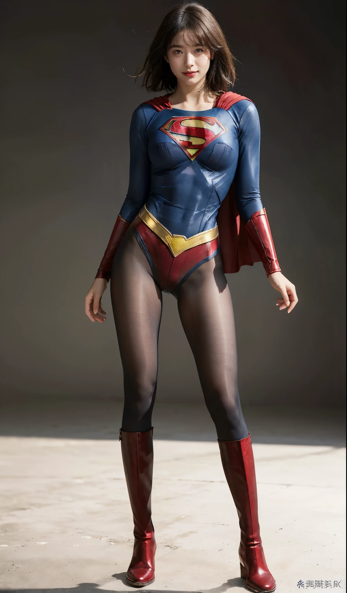 No background、(((Beautiful legs in black tights.)))、(((Legally express the beauty of your smile)))、((((Make the most of your original images)))、(((Supergirl Costume)))、(((beautiful short bob hair)))、(((suffering)))、(((Please wear black tights....、Wear red boots)))、((Best image quality、8K))、((highest quality、8K、masterpiece:1.3))、(((Preserve background )))、Sharp focus:1.2、Beautiful woman with perfect figure:1.4、Thin abdominal muscles:1.2、Wet body:1.5、Highly detailed face and skin texture、8K