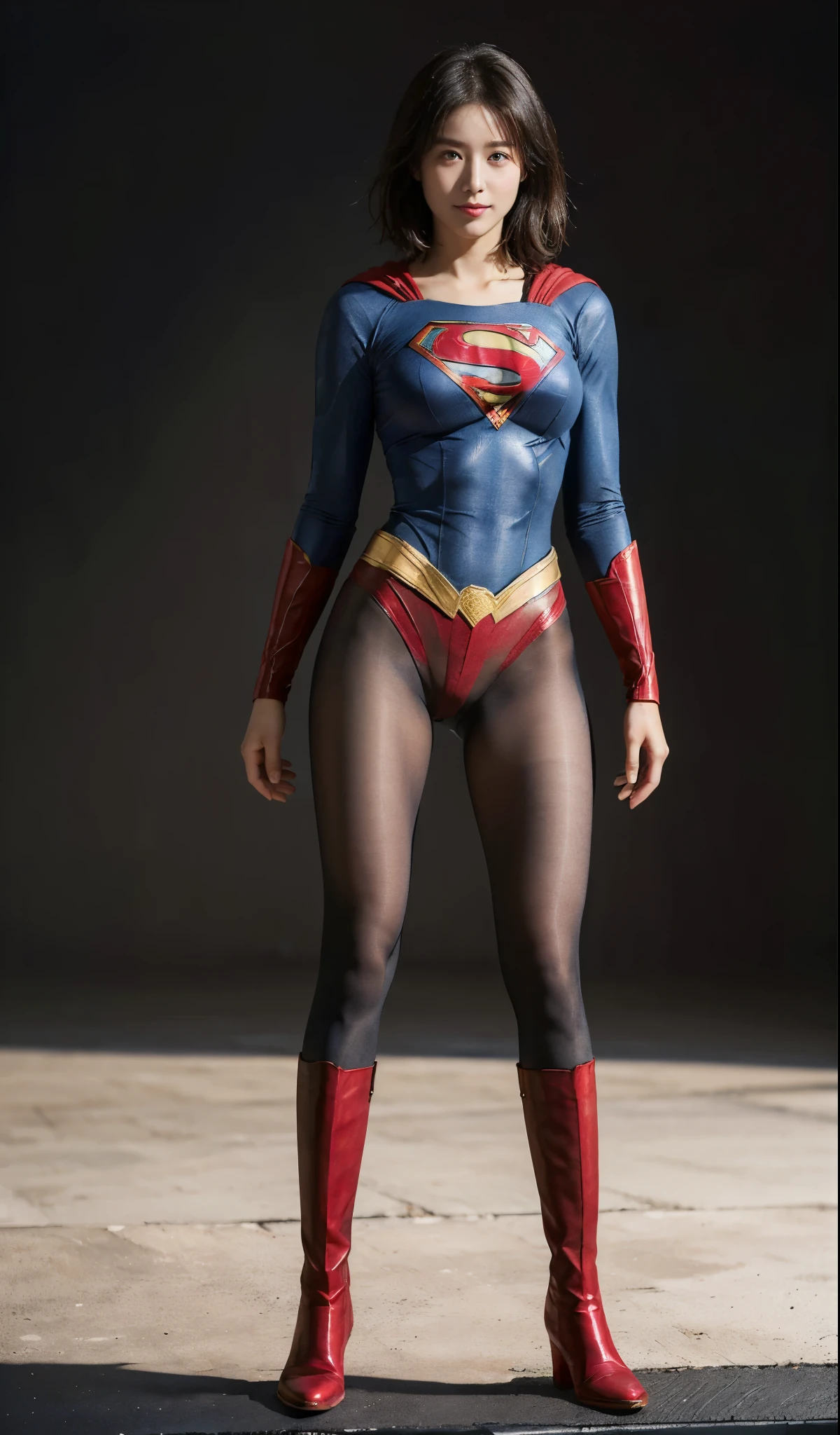 No background、(((Beautiful legs in black tights.)))、(((Legally express the beauty of your smile)))、((((Make the most of your original images)))、(((Supergirl Costume)))、(((beautiful short bob hair)))、(((suffering)))、(((Please wear black tights....、Wear red boots)))、((Best image quality、8K))、((highest quality、8K、masterpiece:1.3))、(((Preserve background )))、Sharp focus:1.2、Beautiful woman with perfect figure:1.4、Thin abdominal muscles:1.2、Wet body:1.5、Highly detailed face and skin texture、8K
