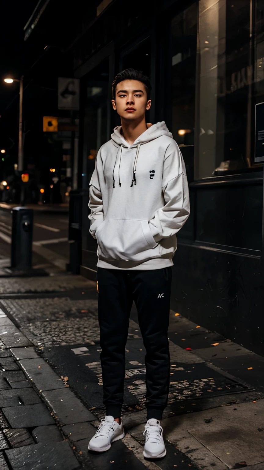 Young man wearing white hoodie standing on city street, black sweatpants, streetwearfashion, night