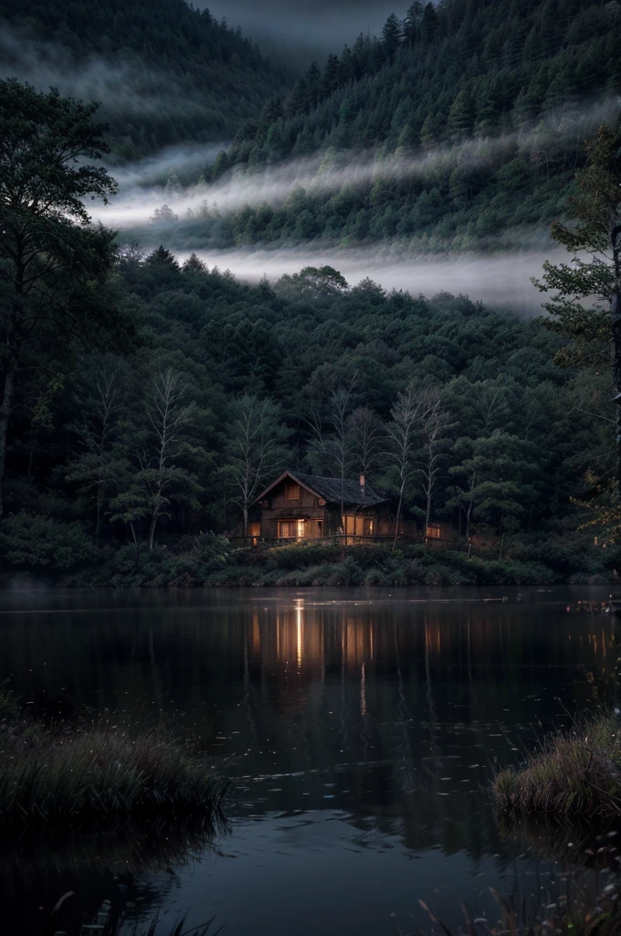 Create a tranquil lakeside cabin scene in a dense misty forest. The mood should be one of mystery and calm, with the cabin's lights softly glowing through the mist