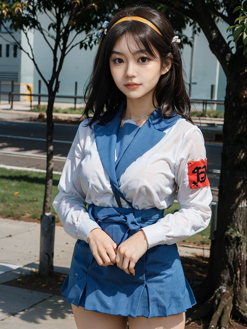 (1 lady), (Best quality at best:1.4), (ultra - detailed), (extremely detailed CG unified 16k), A Beautiful Woman with Perfect Figure: 1.4, Sharp Focus: 1.2, very detailed, High-definition RAW color photo, professional photoshooting, amazing face and eyes, cosmetics, (amazingly beautiful girl), ((suzumiya haruhi)), ((kita high sch0ol uniform, blue sailor collar, blue skirt, armband, hairband, medium hair, ribbon, socks)), standing posture, (look from down), realistic cinematic face, head to feet long wide zoomed out view, full body long view, photorealistic, ((realistic natural caramel brown hair style, brown eyes)), gorgeous, extremely beautiful face, perfect model beauty, pout mouth, Highly Detailed Face and Skin Texture, Detailed Eyes, Double Eyelids, Medium Breasts, joy expression, joyful face, cleavages, western, (masterpiece), best quality, high resolution, extremely detailed, depth of field, cinematic lighting, amazing legs, high heels, clear and well-cared skin, (background: nature, tree, park)