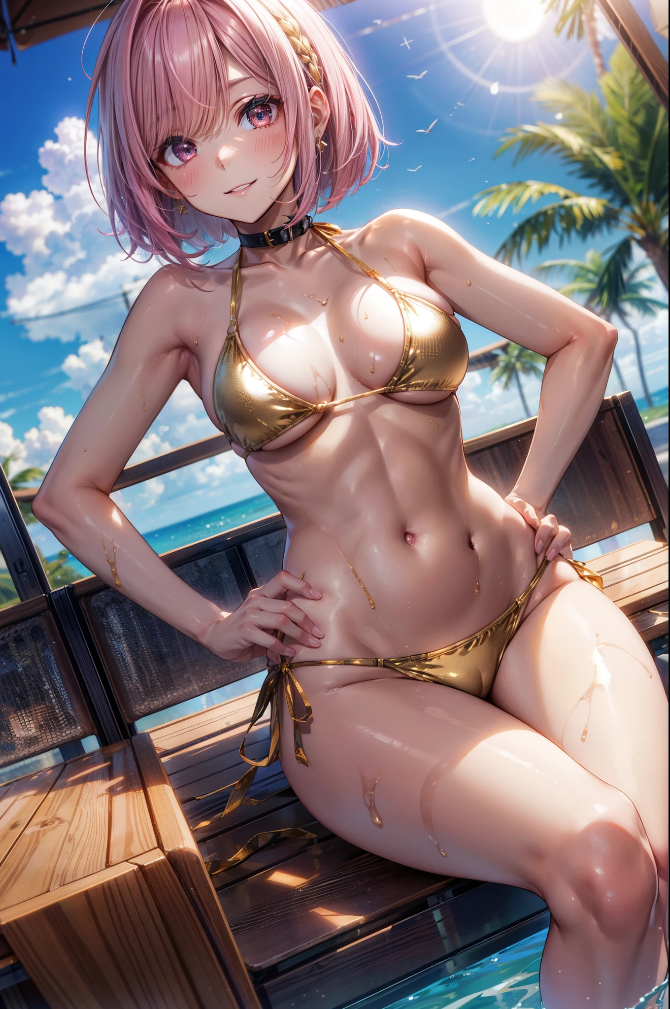 ((golden bikini)), 4 defined fingers, 1 defined thumb, looking at viewer, solo, 1 woman, 25 years old, AI generated, highest quality, masterpiece, skindentation, perfect face, 8k , short hair, (pink hair1.5), bob cut, black eye, smile, thin thighs, medium breasts, perfect limbs, sexy, (visible nipples:0.8), (camel toe:0.5), hand on hip, (dutch angle), ((sit)), sexy pose, tan skin, dynamic pose, (close up),