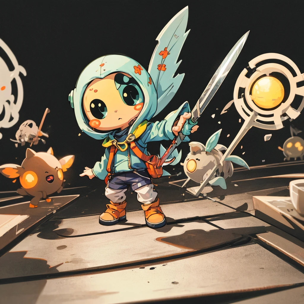 (Sticker: 1.5), back to the lens, simple flat background, Blade of Alien, Honmura, Light, Chibi Chara, Solo, Full Body