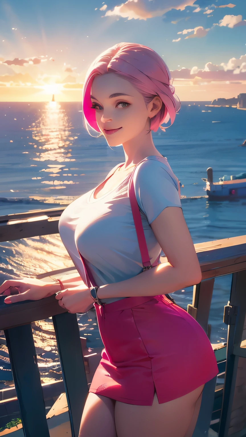 A miniskirt with suspenders, a tight-fitting T-shirt, pink hair, a beautiful woman with 8 heads, a bright morning sun in the background of the sea seen from the port, high image quality, high definition, masterpiece, artistic composition, smile, gentle face