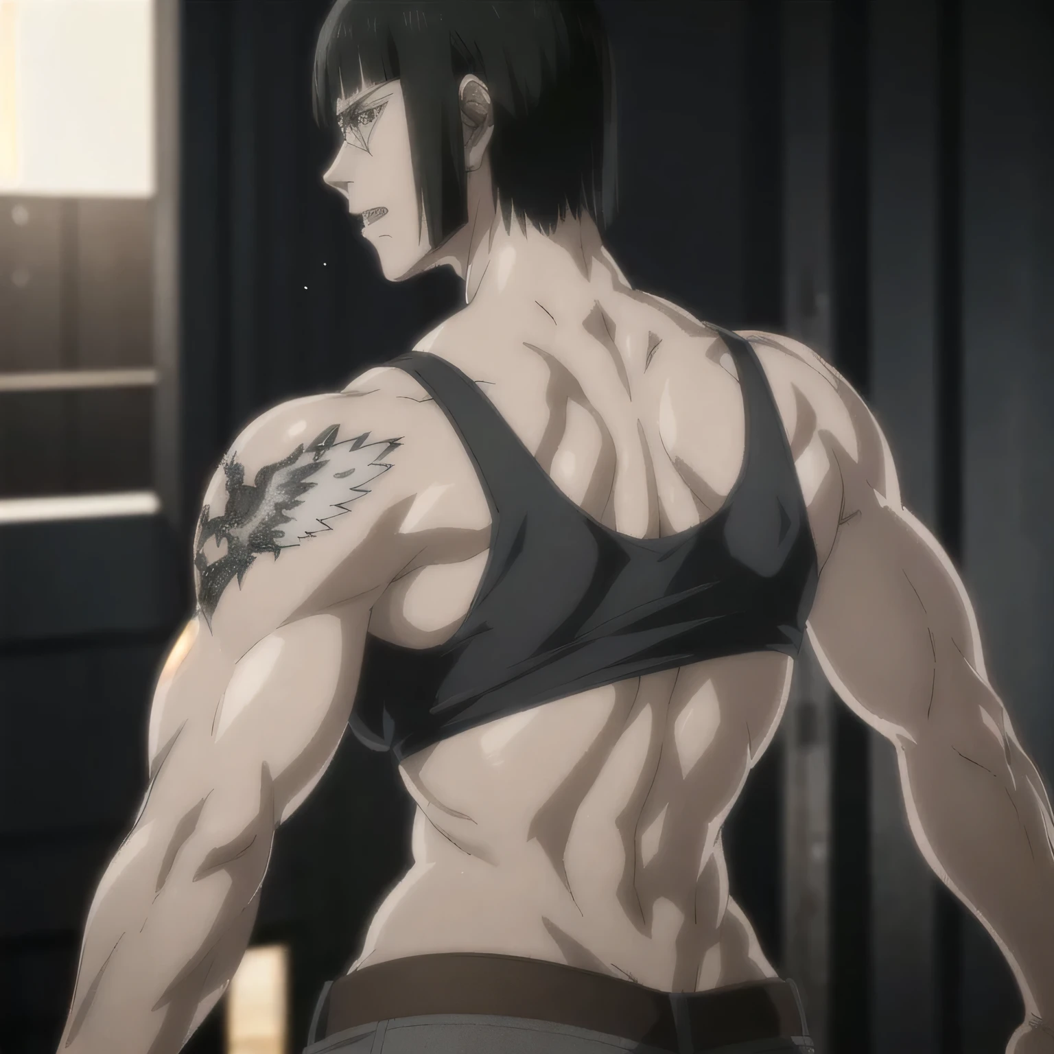(best quality,ultra-detailed,realistic:1.37),musclaur badass girl with preview her musclaur back , full review of the female character's face and body, intense expression, strong and confident posture, studio lighting, vivid colors, physiologically-based rendering, grungy texture, rugged background, dust particles in the air, commanding presence, professional, powerful, gritty aesthetics,,Valmet،short hair,angle from behind,tattoos on back,tank top