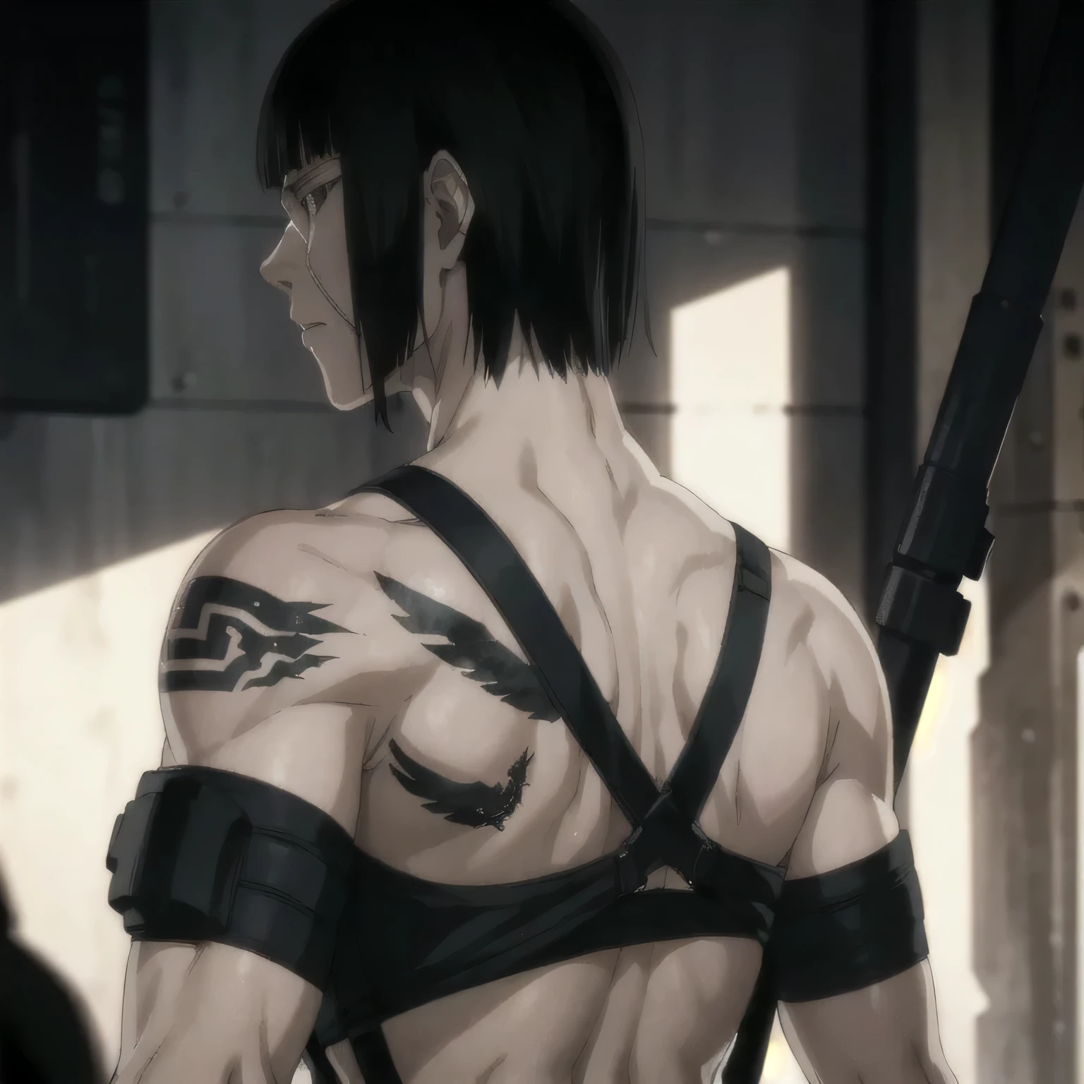 (best quality,ultra-detailed,realistic:1.37),musclaur badass girl with preview her musclaur back , full review of the female character's face and body, intense expression, strong and confident posture, studio lighting, vivid colors, physiologically-based rendering, grungy texture, rugged background, dust particles in the air, commanding presence, professional, powerful, gritty aesthetics,,Valmet،short hair,angle from behind,tattoos on back,tank top