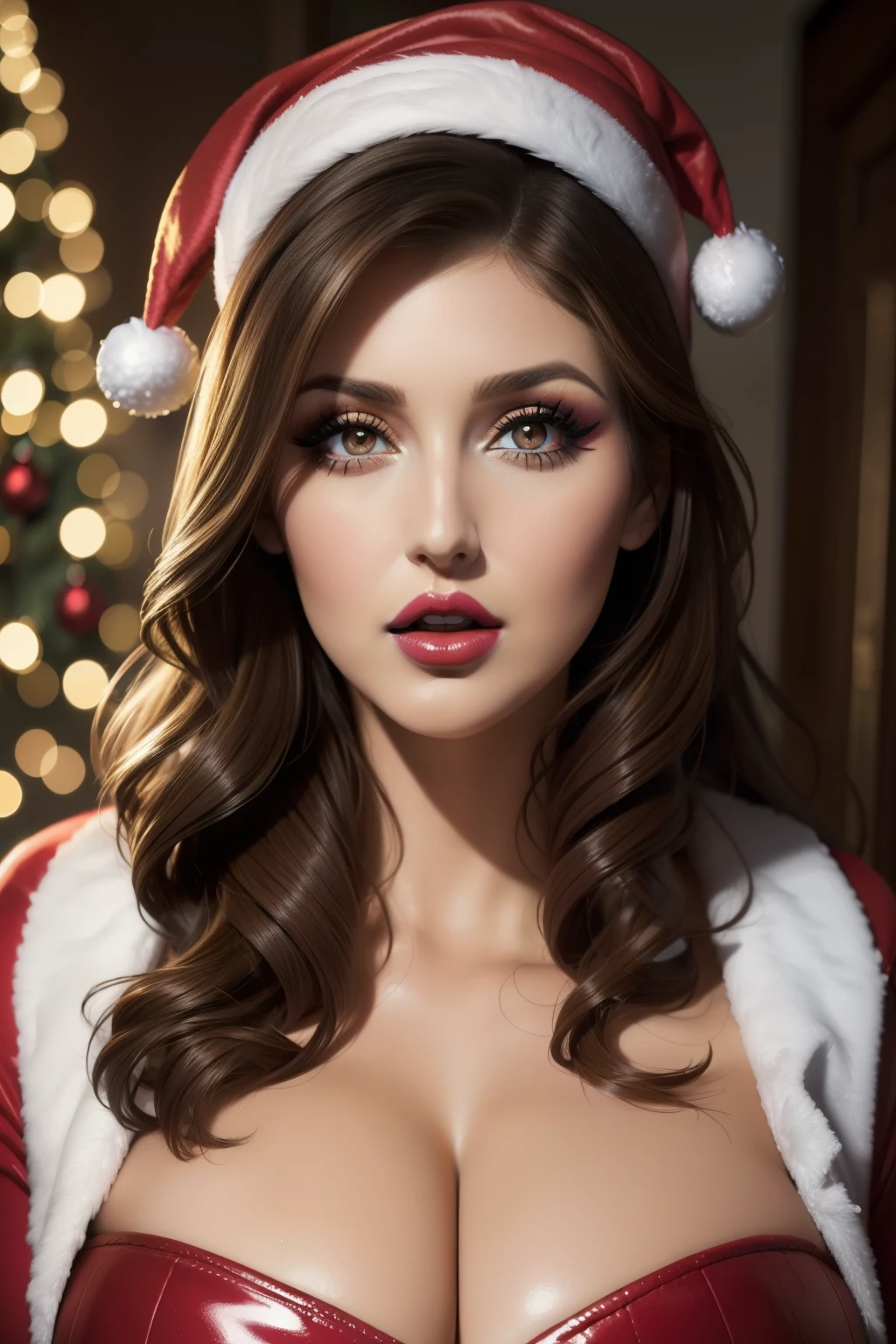 lucy pinder, face portrait, ((very intense makeup)), ((bright lipstick)), ((voluptuous woman)), christmas outfit, posing, mouth opwn, exciting