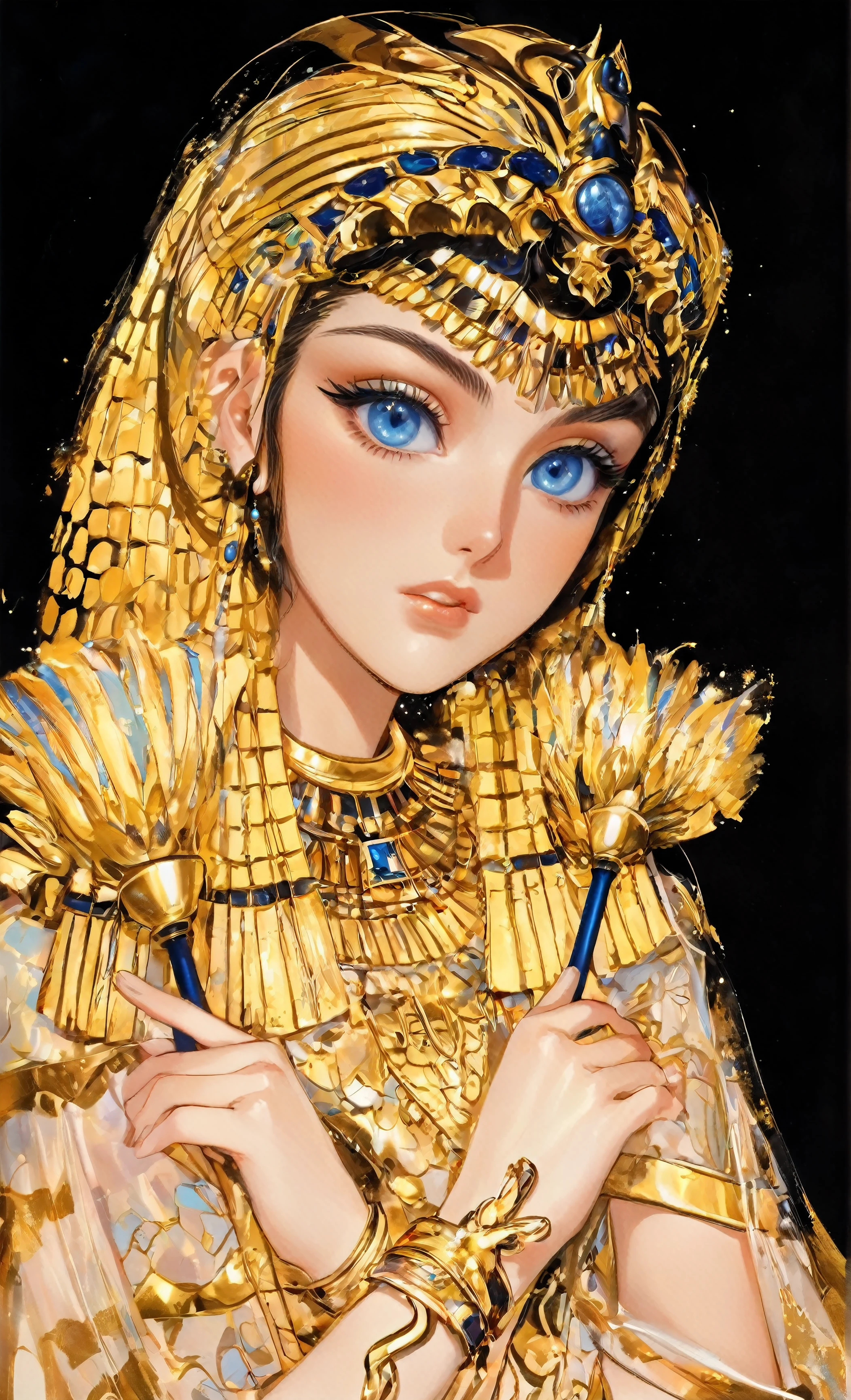 Photos of the Pharaoh Queen，Illustration with gold details in the style of James Jean and Hajime Sorayama，（A beautiful young American girl worships God），（Hands holding the Egyptian staff），head、Gold jewellery around neck and arms，((blue eyes:1.55))，((Blonde hair:1.5))，Close-up of face，bust，Golden background，Medium full body shot，Artistic printing，Fantasy Background，high resolution，Ultra-realistic，High Detail,