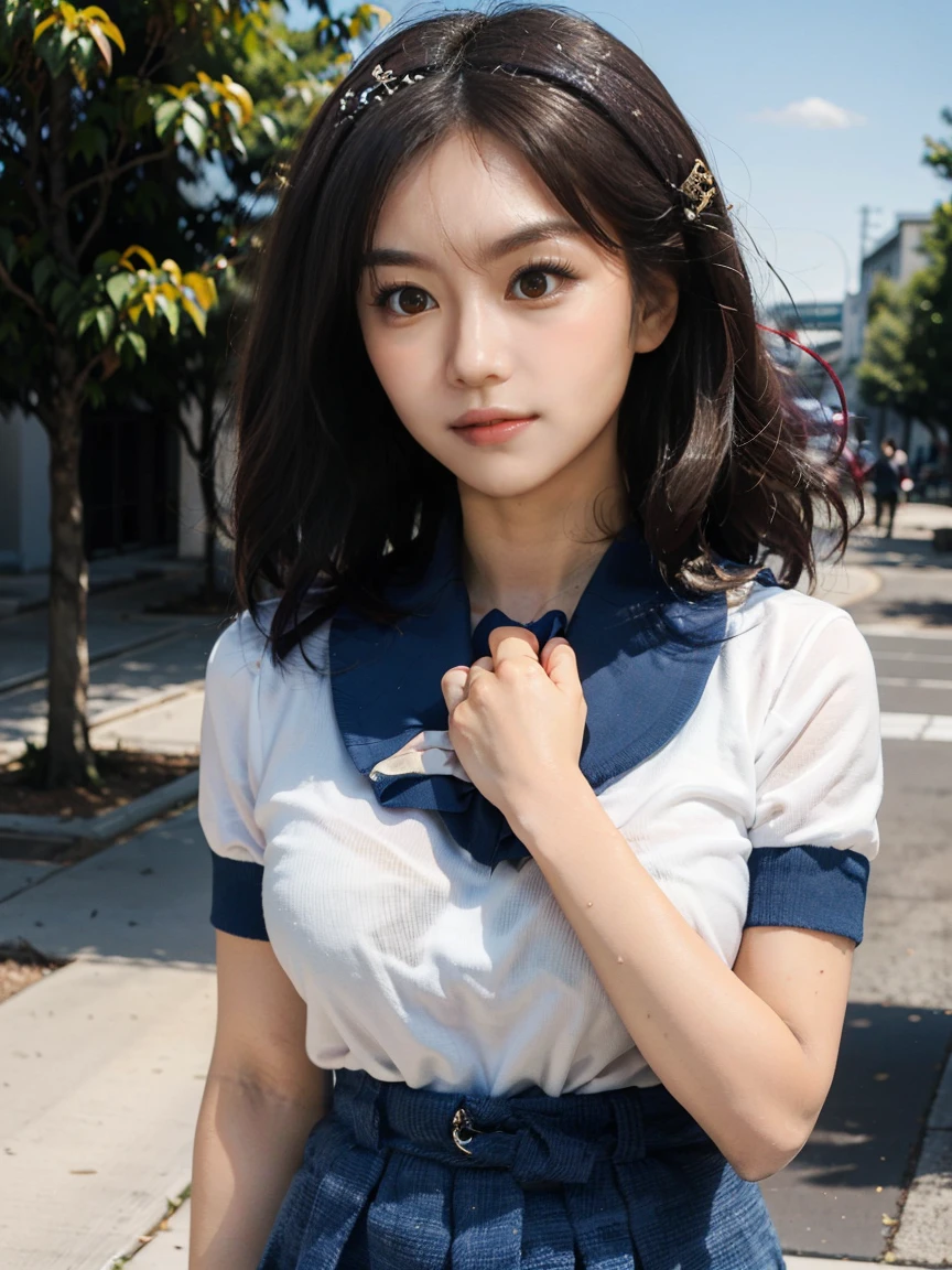 (1 lady), (Best quality at best:1.4), (ultra - detailed), (extremely detailed CG unified 16k), A Beautiful Woman with Perfect Figure: 1.4, Sharp Focus: 1.2, very detailed, High-definition RAW color photo, professional photoshooting, amazing face and eyes, cosmetics, (amazingly beautiful girl), ((suzumiya haruhi)), ((kita high sch0ol uniform, blue sailor collar, blue skirt, armband, hairband, medium hair, ribbon, socks)), standing posture, (look from down), realistic cinematic face, head to feet long wide zoomed out view, full body long view, photorealistic, ((realistic natural caramel brown hair style, brown eyes)), gorgeous, extremely beautiful face, perfect model beauty, pout mouth, Highly Detailed Face and Skin Texture, Detailed Eyes, Double Eyelids, Medium Breasts, joy expression, joyful face, cleavages, western, (masterpiece), best quality, high resolution, extremely detailed, depth of field, cinematic lighting, amazing legs, high heels, clear and well-cared skin, (background: nature, tree, park)