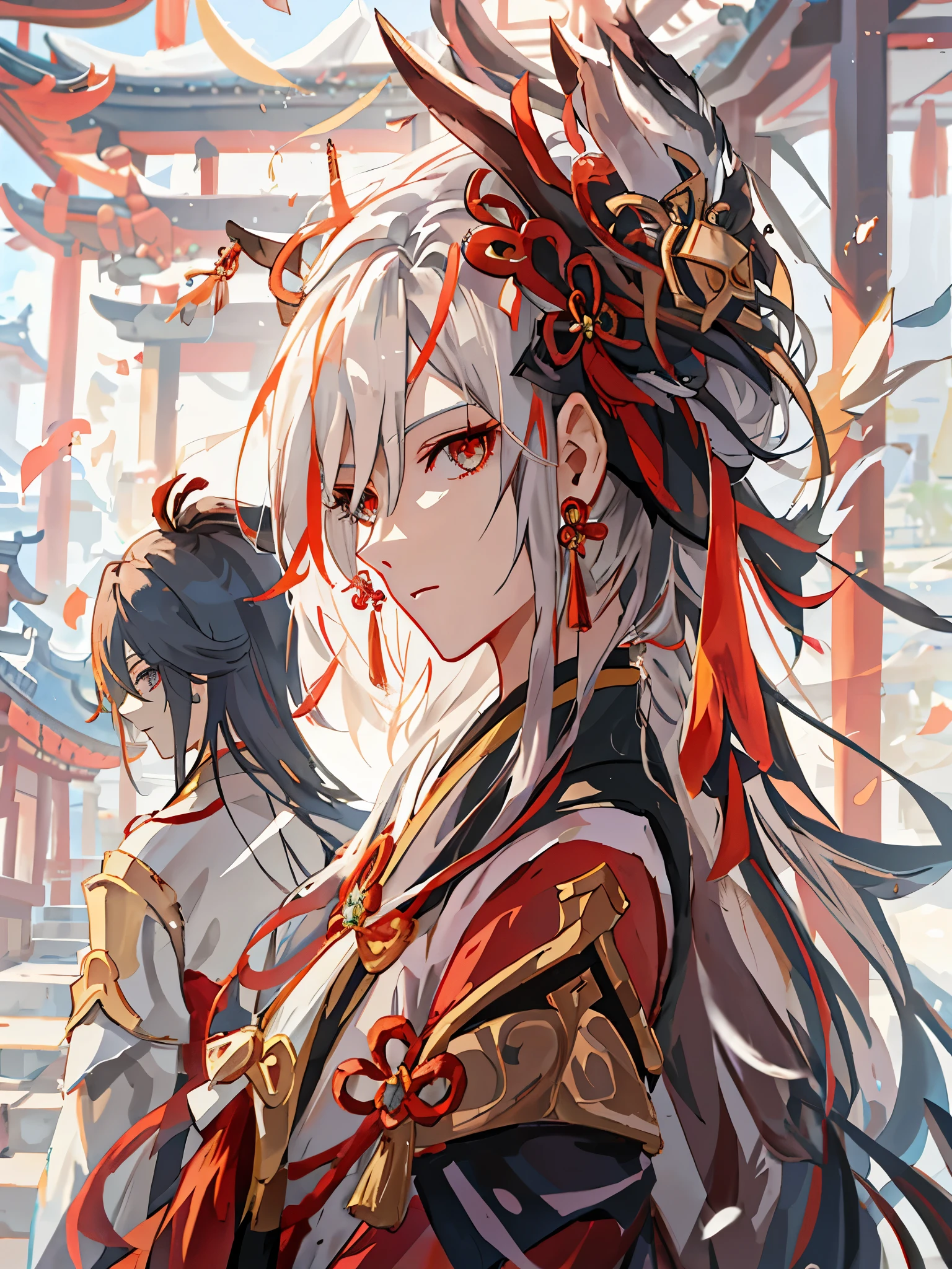 Anime girl with long hair and red skirt standing in front of the building, keqing from Genshin Impact impact, zhongli from Genshin Impact impact, White-haired deity, Onmyoji portrait, Popular on artstation pixiv, Detailed digital anime art, author：Yang Jie, Genshin Impact, Handsome Japanese demon boy, Onmyoji, Onmyoji detailed art