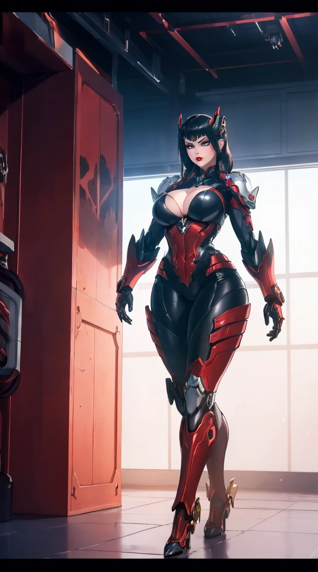 (1 Girl,Solitary:2), (Super detailed face), (( (Sagging breasts、Cleavage, cleveage、Thick thighs)), Perfect body, )), (Cleavage上衣:1.5), (11-wire ABS female:1.4), (Mechanical arm guards:1.4), ((Wearing red mecha overwatch shiny armor suit short top, Black Mecha Skinny Suit Pants, Mechanical arm guardsOR LEGS, High heel:1.5)), (Full figure:1.3), (glowing skin:0.8), (Long legs, whole body:1.1), (Looking at the audience:1.3), (Female focus:0.886), (Walking the corridors of the future space station:1), (bright white room:1.3), Super texture, Unreal Engine Rendering, Physically Based Rendering, Ultra HD, 16K, 1080p.