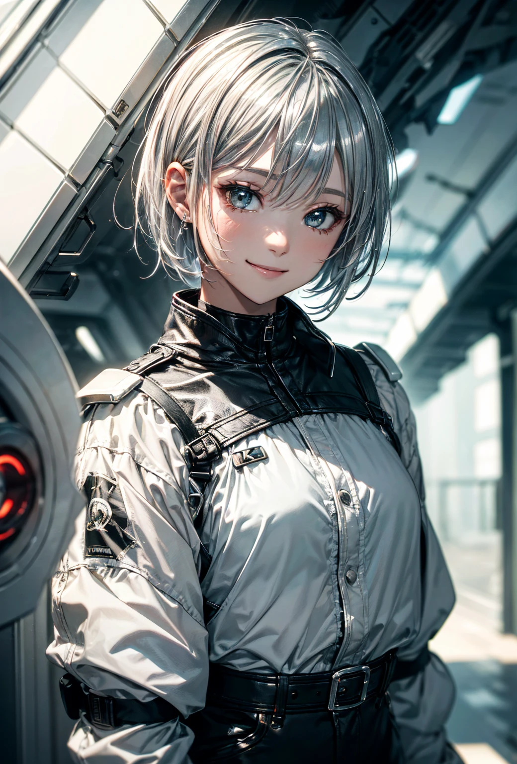 Absurd, Ultra-detailed,Bright colors,(In 8K:1.3),(Smooth, straight, short silver hair:1.3), (Shiny Hair:1.2),beautifully、aesthetic,Concept Art,A kind smile