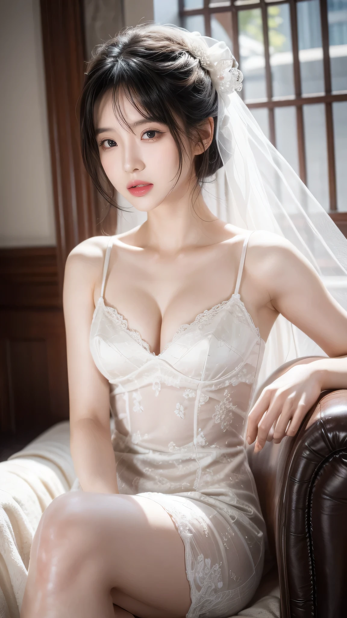 masterpiece:1.2, best quality), Practical, (real picture, Intricate details, Depth of Field), (1 Girl, Solitary), cosmetics, Open your mouth, Very detailed, Perfect face, (Dentate skin), Thick thighs, Wide hips, Small waist, High, glossy coral lip,, (One wearing a wedding dress、girl holding flowers in hands )), Sexy, blush, Mikasa from AOT