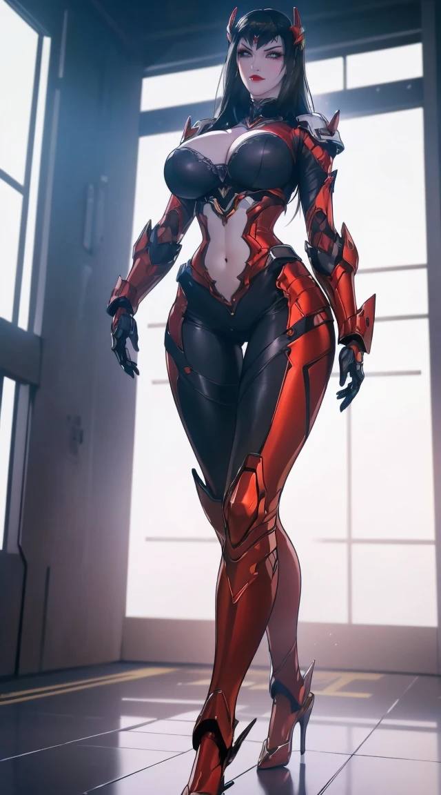 (1 Girl,Solitary:2), (Super detailed face), (( (Sagging breasts、Cleavage, cleveage、Thick thighs)), Perfect body, )), (Cleavage上衣:1.5), (11-wire ABS female:1.4), (Mechanical arm guards:1.4), ((Wearing red mecha overwatch shiny armor suit short top, Black Mecha Skinny Suit Pants, Mechanical arm guardsOR LEGS, High heel:1.5)), (Full figure:1.3), (glowing skin:0.8), (Long legs, whole body:1.1), (Looking at the audience:1.3), (Female focus:0.886), (Walking the corridors of the future space station:1), (bright white room:1.3), Super texture, Unreal Engine Rendering, Physically Based Rendering, Ultra HD, 16K, 1080p.