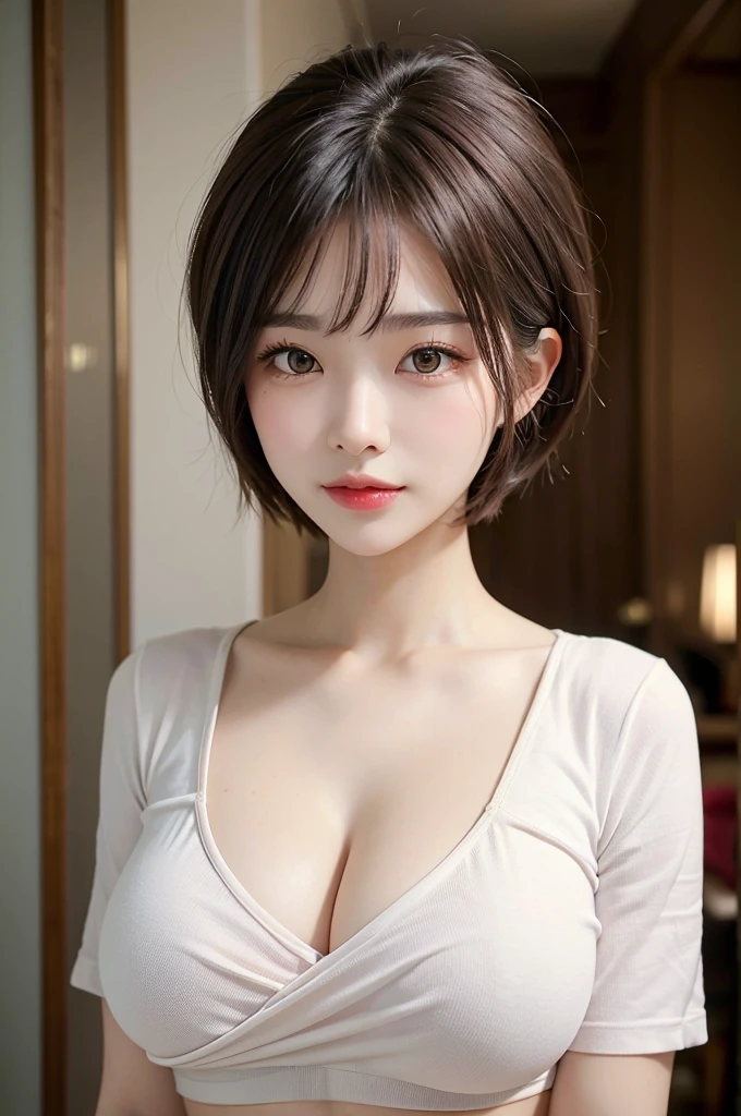 ((highest quality, 8k, masterpiece :1.3)), One girl, A beautiful woman who emphasizes her abdominal muscles :1.3, (short cut hairstyle, Huge breasts), Casual clothing :1.2, Highly detailed face, Fine grain, double eyelid