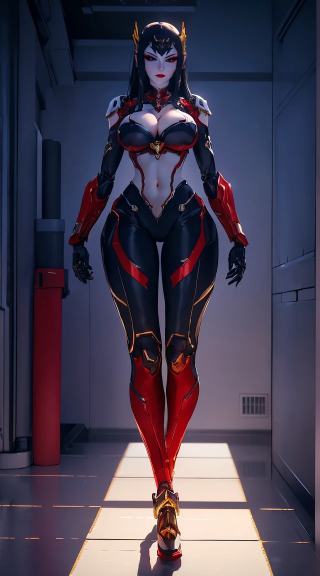 (1 Girl,Solitary:2), (Super detailed face), (( (Sagging breasts、Cleavage, cleveage、Thick thighs)), Perfect body, )), (Cleavage上衣:1.5), (11-wire ABS female:1.4), (Mechanical arm guards:1.4), ((Wearing red mecha overwatch shiny armor suit short top, Black Mecha Skinny Suit Pants, Mechanical arm guardsOR LEGS, High heel:1.5)), (Full figure:1.3), (glowing skin:0.8), (Long legs, whole body:1.1), (Looking at the audience:1.3), (Female focus:0.886), (Walking the corridors of the future space station:1), (bright white room:1.3), Super texture, Unreal Engine Rendering, Physically Based Rendering, Ultra HD, 16K, 1080p.