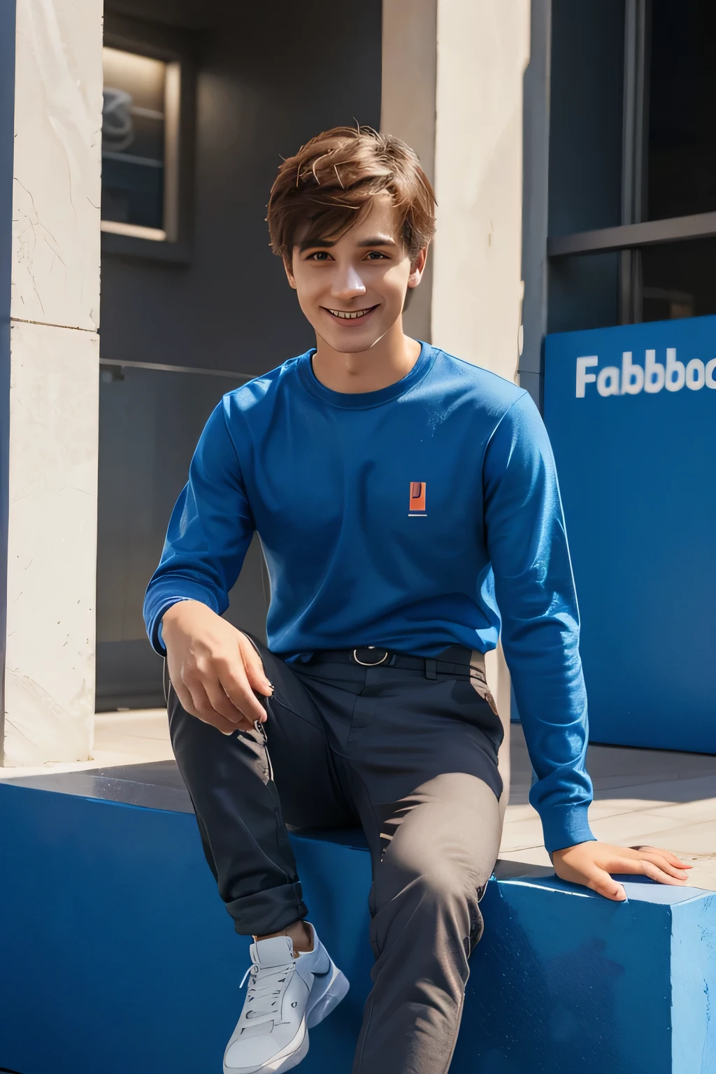 A vibrant and contemporary 3D illustration of a charming chestnut-haired boy named "jerry Albalushi", casually perched on top of the facebook logo. He dons stylish modern clothing and sports a friendly, welcoming smile. The background reveals the mockup of his facebook profile page, complete with his profile name and a profile picture that echoes the character's likeness. The overall atmosphere of the render exudes a sense of playfulness and digital connectivity., 3d render