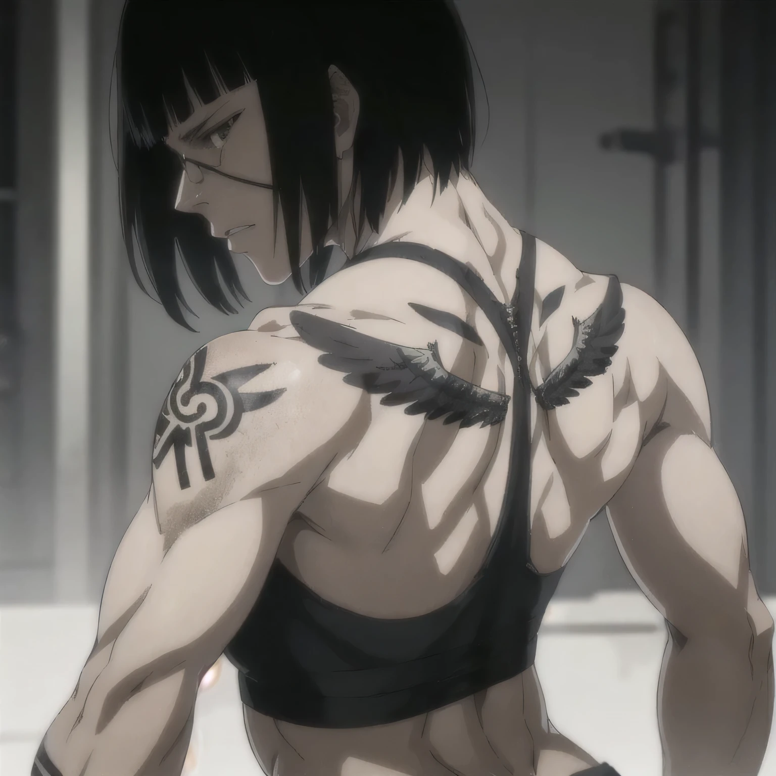 (best quality,ultra-detailed,realistic:1.37),musclaur badass girl with preview her musclaur back , full review of the female character's face and body, intense expression, strong and confident posture, studio lighting, vivid colors, physiologically-based rendering, grungy texture, rugged background, dust particles in the air, commanding presence, professional, powerful, gritty aesthetics,,Valmet،short hair,angle from behind,tattoos on back,tank top