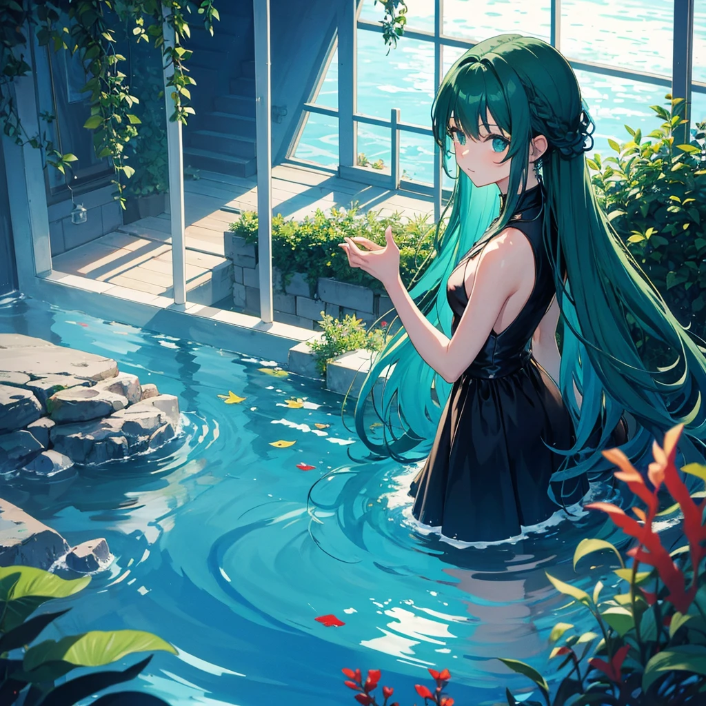 Alone anime girl , My hair is very long, tied on both sides. , blue-green , ตาblue-green , Stay in a luxury underwater house , The house has a glass roof so you can see the water above. , light falls , Dip your feet in the water. , There are corals. , There is seaweed. , Wear a black dress , sleeveless , beard