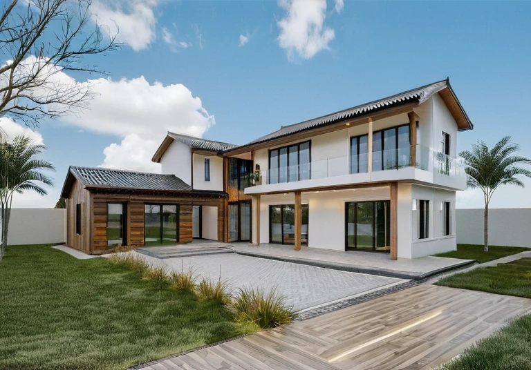 exterior house, contemporary style, white wall, wood wall, wood door, glass window, (realistic:1.2), Masterpiece, high quality, best quality, authentic, super detail, outdoors,road,pavement, grass, trees, sky, cloud, (daylight:1.1)
