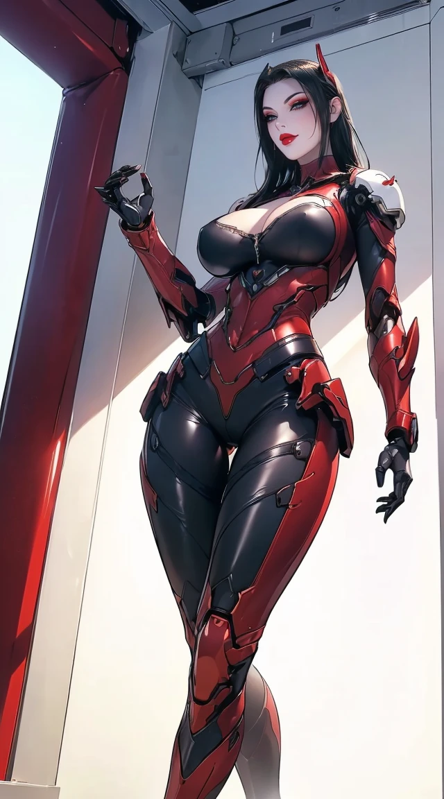 (1 Girl,Solitary:2), (Super detailed face), (( (Sagging breasts、Cleavage, cleveage、Thick thighs)), Perfect body, )), (Cleavage上衣:1.5), (11-wire ABS female:1.4), (Mechanical arm guards:1.4), ((Wearing red mecha overwatch shiny armor suit short top, Black Mecha Skinny Suit Pants, Mechanical arm guardsOR LEGS, High heel:1.5)), (Full figure:1.3), (glowing skin:0.8), (Long legs, whole body:1.1), (Looking at the audience:1.3), (Female focus:0.886), (Walking the corridors of the future space station:1), (bright white room:1.3), Super texture, Unreal Engine Rendering, Physically Based Rendering, Ultra HD, 16K, 1080p.