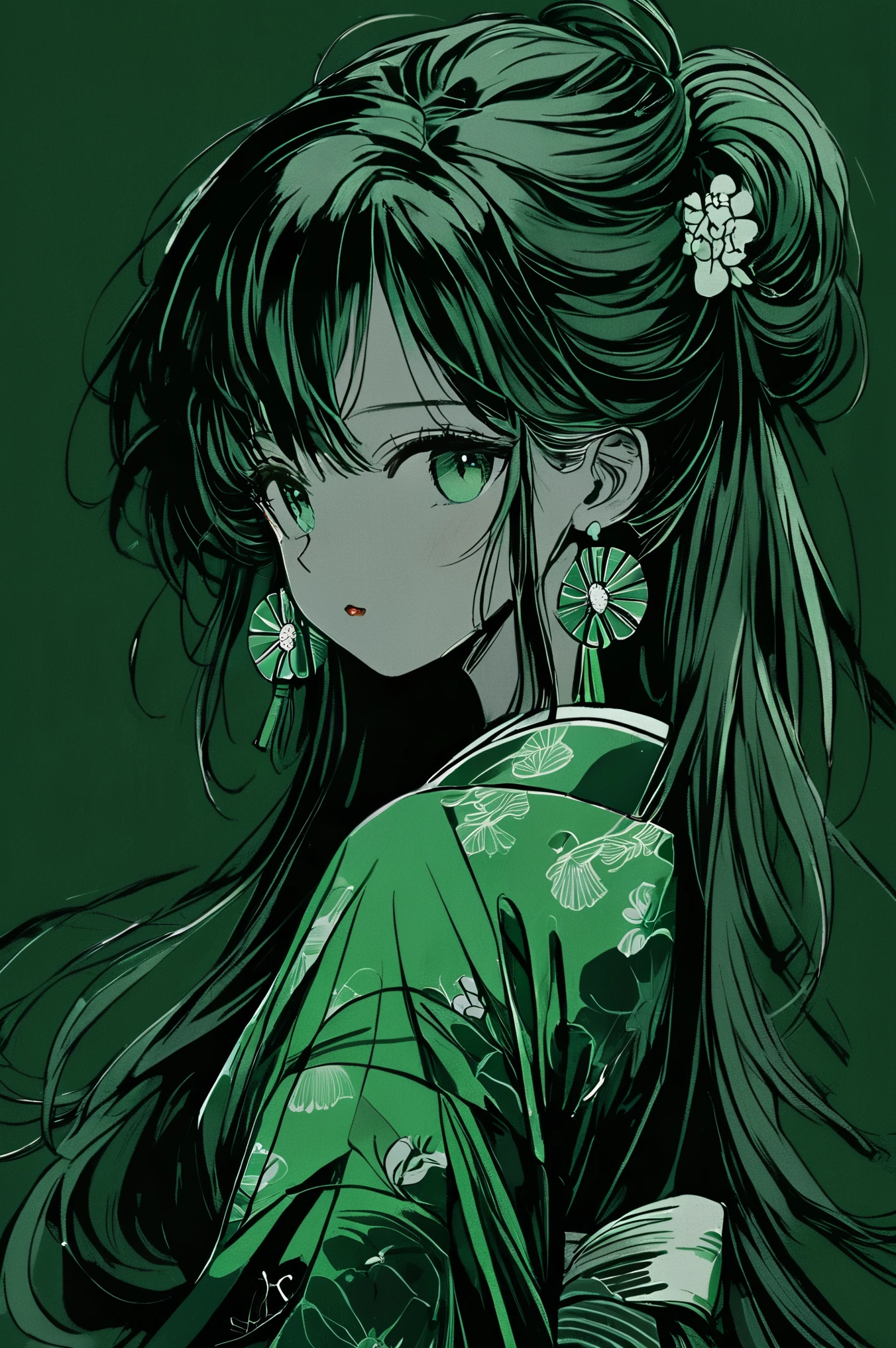 (highest quality, sketch:1.2), High resolution:0.75, Illustrator,anime, 1 girl, detailed lips, yukata、green dress,custom, (Dark monochrome background),neon hair,Texture Cropping, masterpiece, style, Retro Classic, Dark Black, Art Station, sketch book, Smooth long hair [green:1.75] [neon:1.32], (Dark monochrome background:2.1), epic realistic, detailed