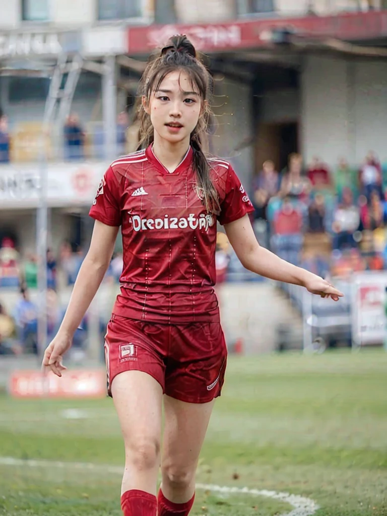 beautiful detail, best quality, 8k, highly detailed face and skin texture, high resolution, cute asian girl in red soccer uniform at stadium, sharp focus