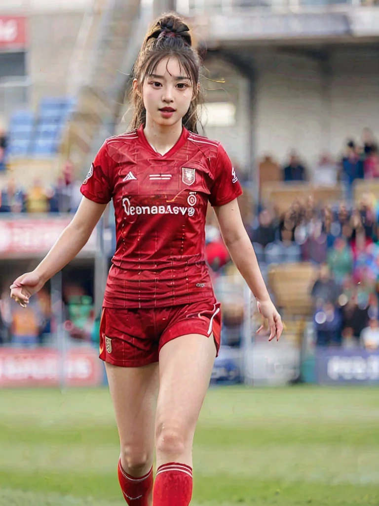 beautiful detail, best quality, 8k, highly detailed face and skin texture, high resolution, cute asian girl in red soccer uniform at stadium, sharp focus
