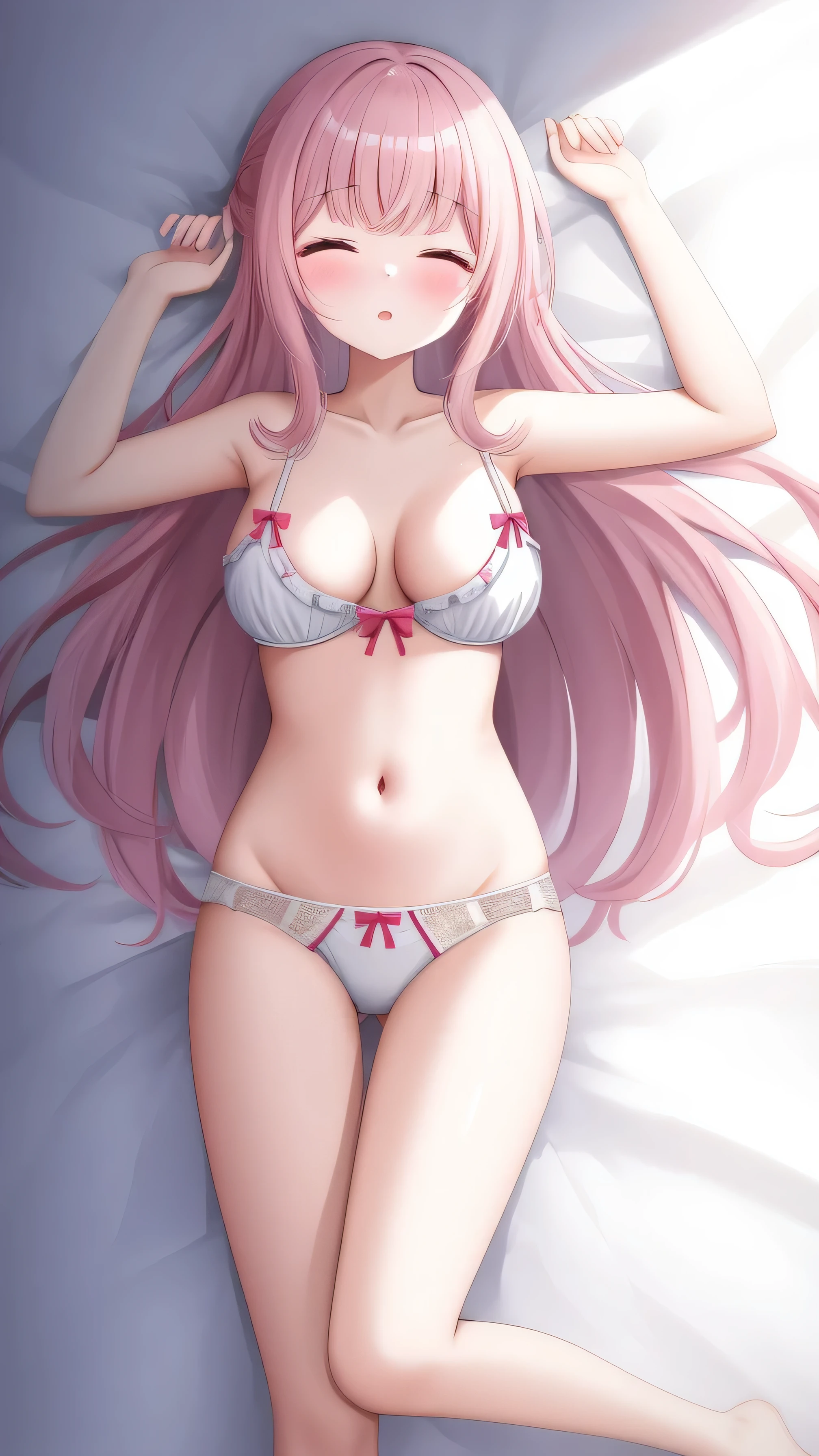 1 girl, underwear, Pink hair, thigh, white_underwear,, long_hair, Chest, White pajamas,Unbutton your pajamas,open income,navel,Bare belly,Close your eyes,Close your eyes, exist_retreat, In the bedroom, Hindquarters, Bangs, , blush,Lying on exist's bed,White,,White,Full body female,Open your arms
