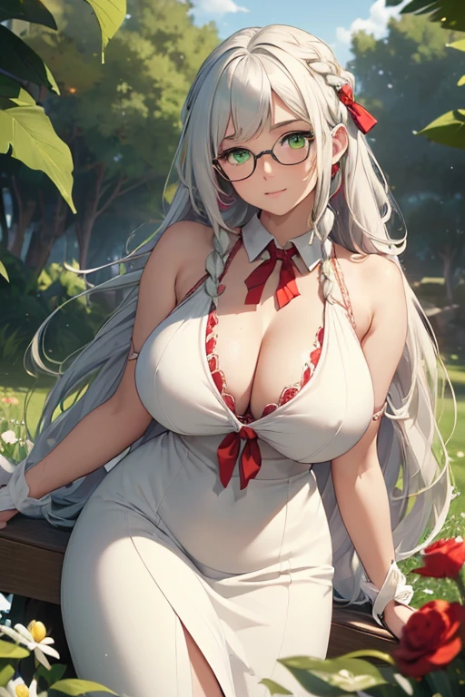 ((masterpiece)), (best quality:1.7), (detailed:1.4), (high res:1.4), 8k, (colorful:1.5), high resolution, sharped image, 4k, hd, (beautiful detailed background:1.2), (beautiful lighting:1.2), (highly detailed:1.2), perfect lighting, (8k wallpaper:1.2), (highly detailed:1.2), (extremely detailed CG:1.2), (((only white gray very long straight hair with two braid front bangs with red ribbon ties))), (only white hair), ((large full chest)), (((very ))), curvy figure, (((light green eyes))), (white sundress with light green accents)), ((big round glasses)), flower field, maturer, human adult, tall, fullbody