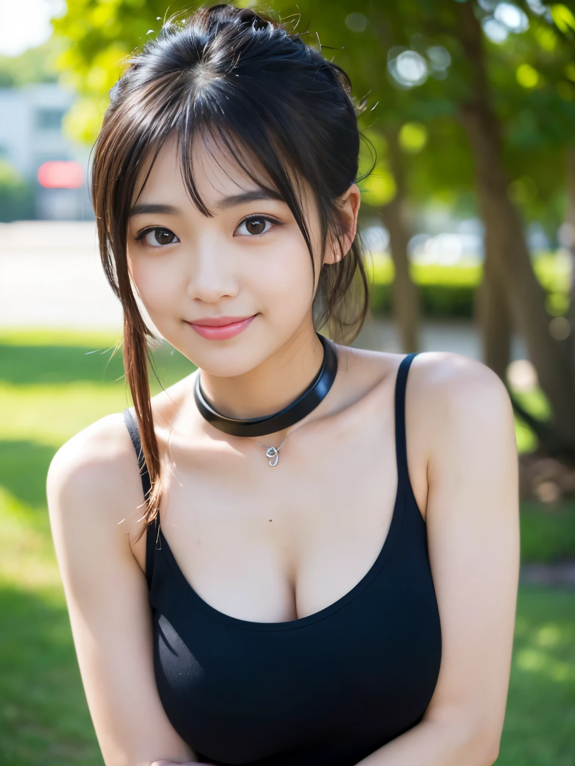 Best-quality, Masterpiece, Ultra-High-Resolution, (Photorealistic:1.4), Raw-Photo, depth of field, professional-lighting, 1girl, the most famous Japanese idol, ((wearing loose fitting T-shirt with deep neckline, (leaning forward a lot))), (extremely cute face, ((extremely cute and extremely big black-eyes)), extremely cute hairstyle, extremely cute long-eyelashes, extremely cute lips, (extremely beautiful skins)), innocent-smile, looking at viewer