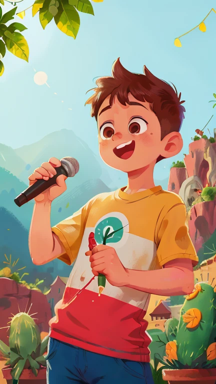 Young man holding a microphone speaking loudly and raising his right arm, al aire libre, muchos cactus y cerros de fondo, feliz, feliz, calidad perfecta, enfoque claro (desorden - hogar: 0.8), (Obra maestra: 1.2) (realista: 1.2) (bokeh) (mejor calidad) (Piel detallada: 1.3) (detalles intrincados) (8k) (Detalle ojos) (sharp focus), (feliz)