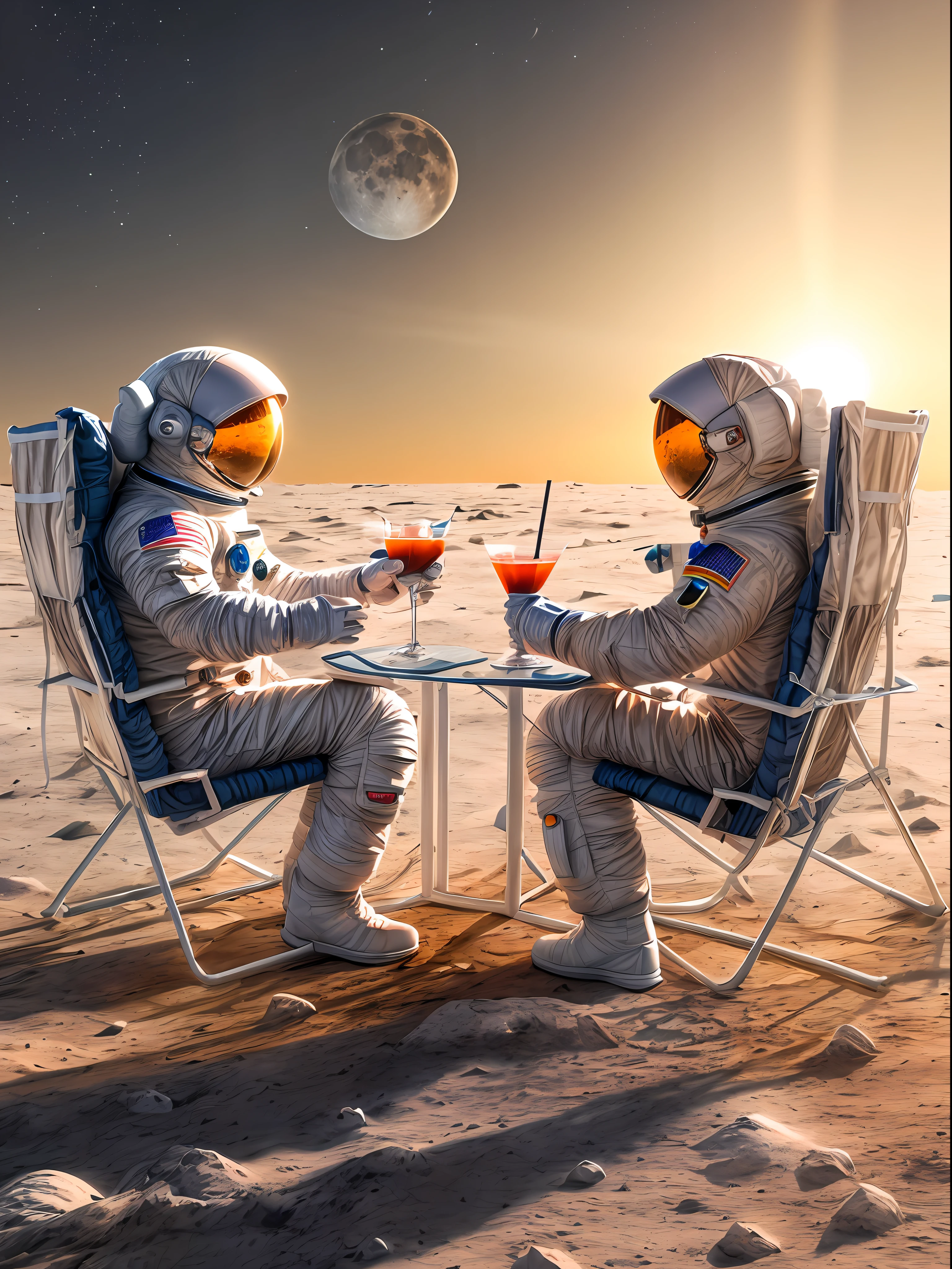 Two astronauts sitting in lawn chairs holding (cocktails) in the air touching, en la luna viendo el gran sol ponerse frente a ellos, view from behind the astronauts, romantic, realism, Claro como el cristal, micro-detalles, photorealism, fotorrealista, cinematographic, dramatic light, symmetrical