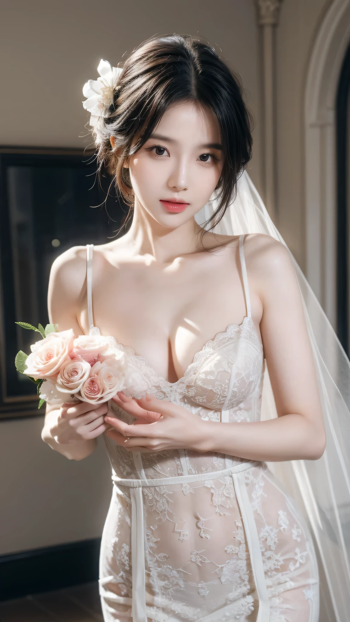 masterpiece:1.2, best quality), Practical, (real picture, Intricate details, Depth of Field), (1 Girl, Solitary), cosmetics, Open your mouth, Very detailed, Perfect face, (Dentate skin), Thick thighs, Wide hips, Small waist, High, glossy coral lip,, (One wearing a wedding dress、girl holding flowers in hands )), Sexy, blush, Mikasa from AOT