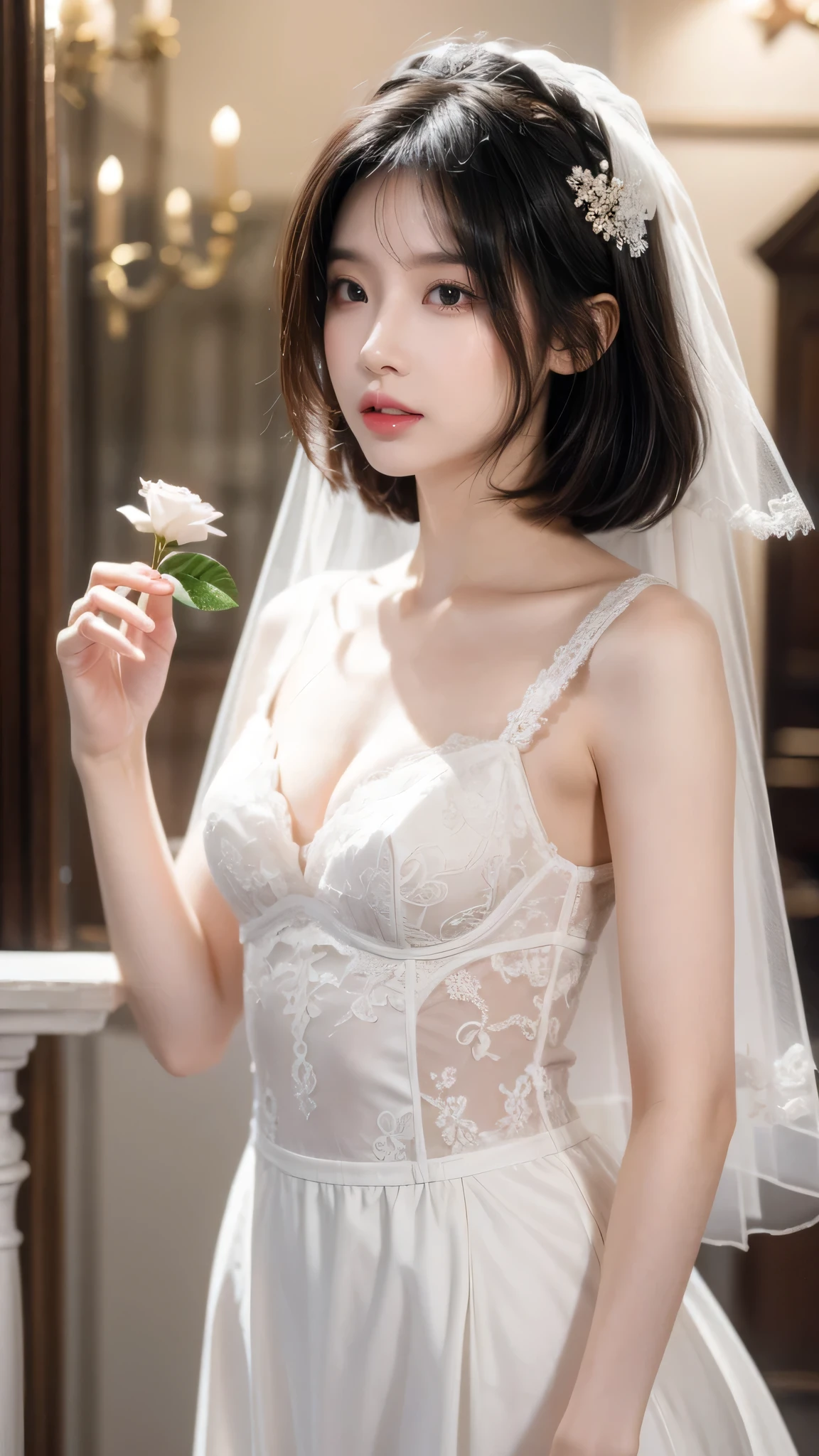 masterpiece:1.2, best quality), Practical, (real picture, Intricate details, Depth of Field), (1 Girl, Solitary), cosmetics, Open your mouth, Very detailed, Perfect face, (Dentate skin), Thick thighs, Wide hips, Small waist, High, glossy coral lip,, (One wearing a wedding dress、girl holding flowers in hands )), Sexy, blush, Mikasa from AOT