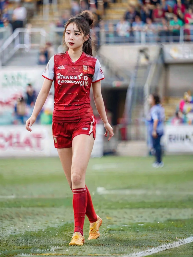 beautiful detail, best quality, 8k, highly detailed face and skin texture, high resolution, cute asian girl in red soccer uniform at stadium, sharp focus