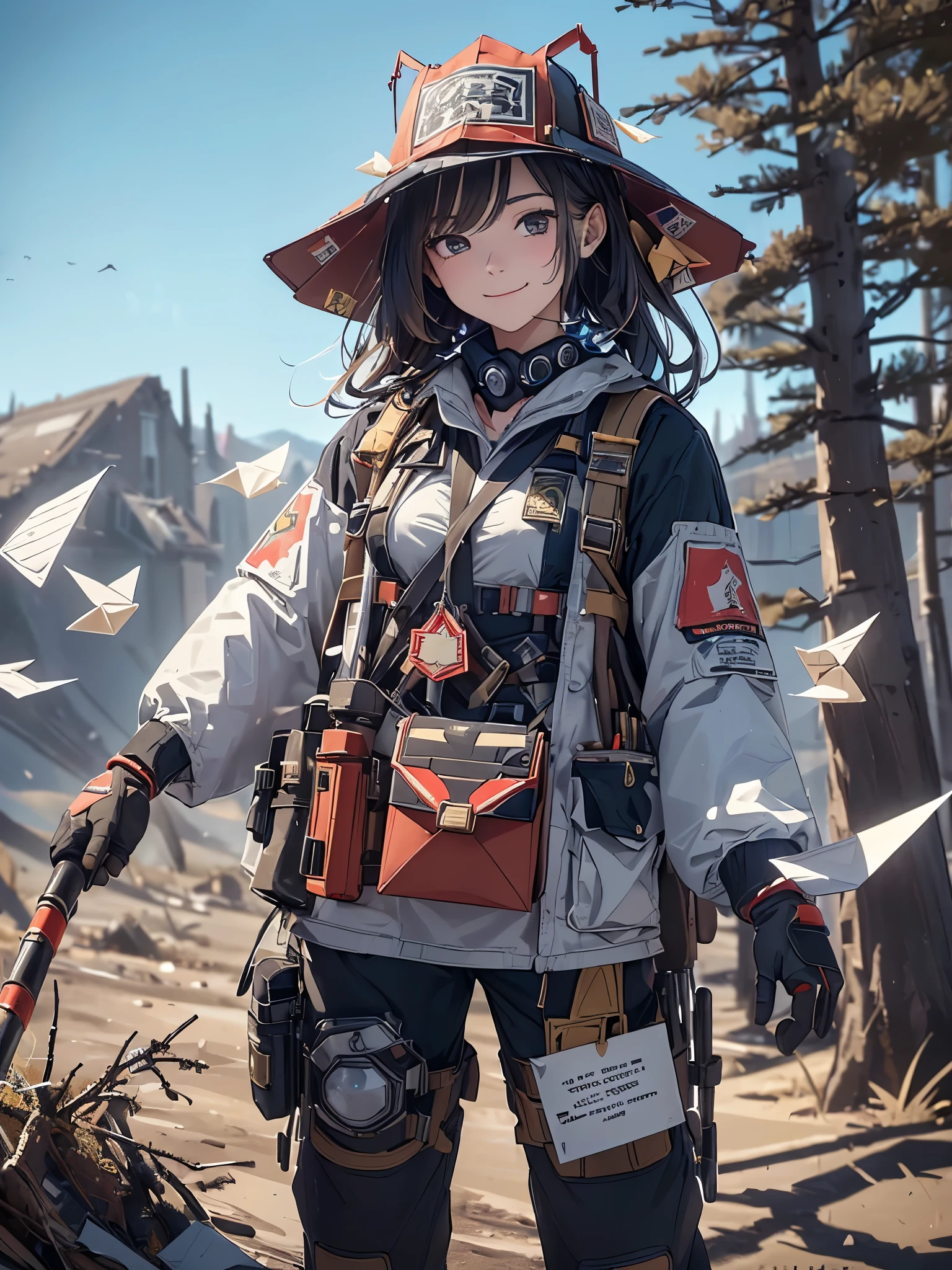 (highest quality,masterpiece,High resolution,Super fine、A hat with lots of toys:1.444、A female firefighter wearing a suit with lots of origami cranes、smile)、(((Post-apocalyptic)))、((See the full picture))、((Envelopes all over the clothes:1.111))、((wilderness:1.333))